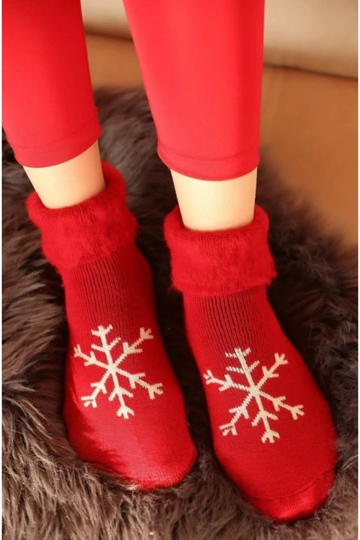 GODESE Kırmızı Kar Tanesi Desenli Termal Çorap Kadın Çorap