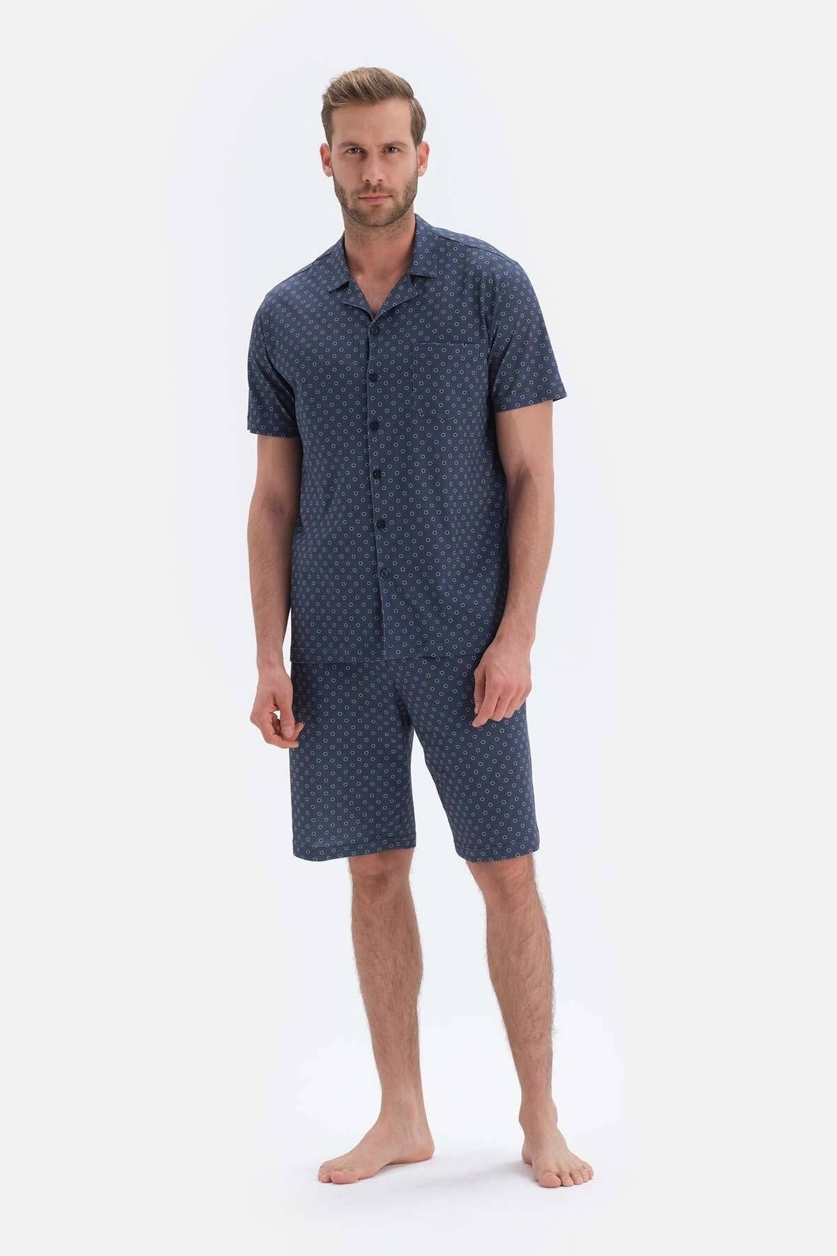 Dagi Lacivert Metraj Baskılı Gömlek Yaka Şort Örme Pijama Takımı