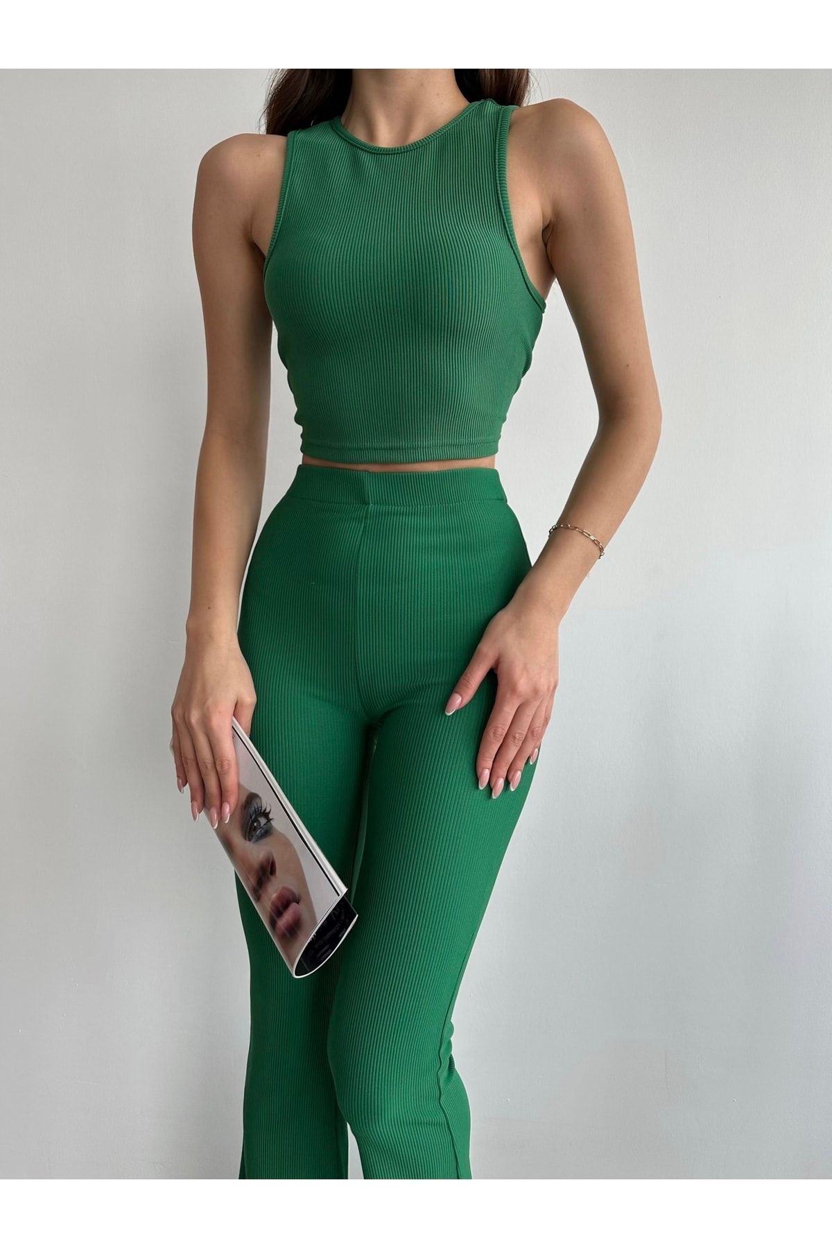 AÈC PRIVÈ Kadın Yeşil Yüksek Bel Fitilli Ispanyol Paça Tayt Pantolon Crop Ikili Takım