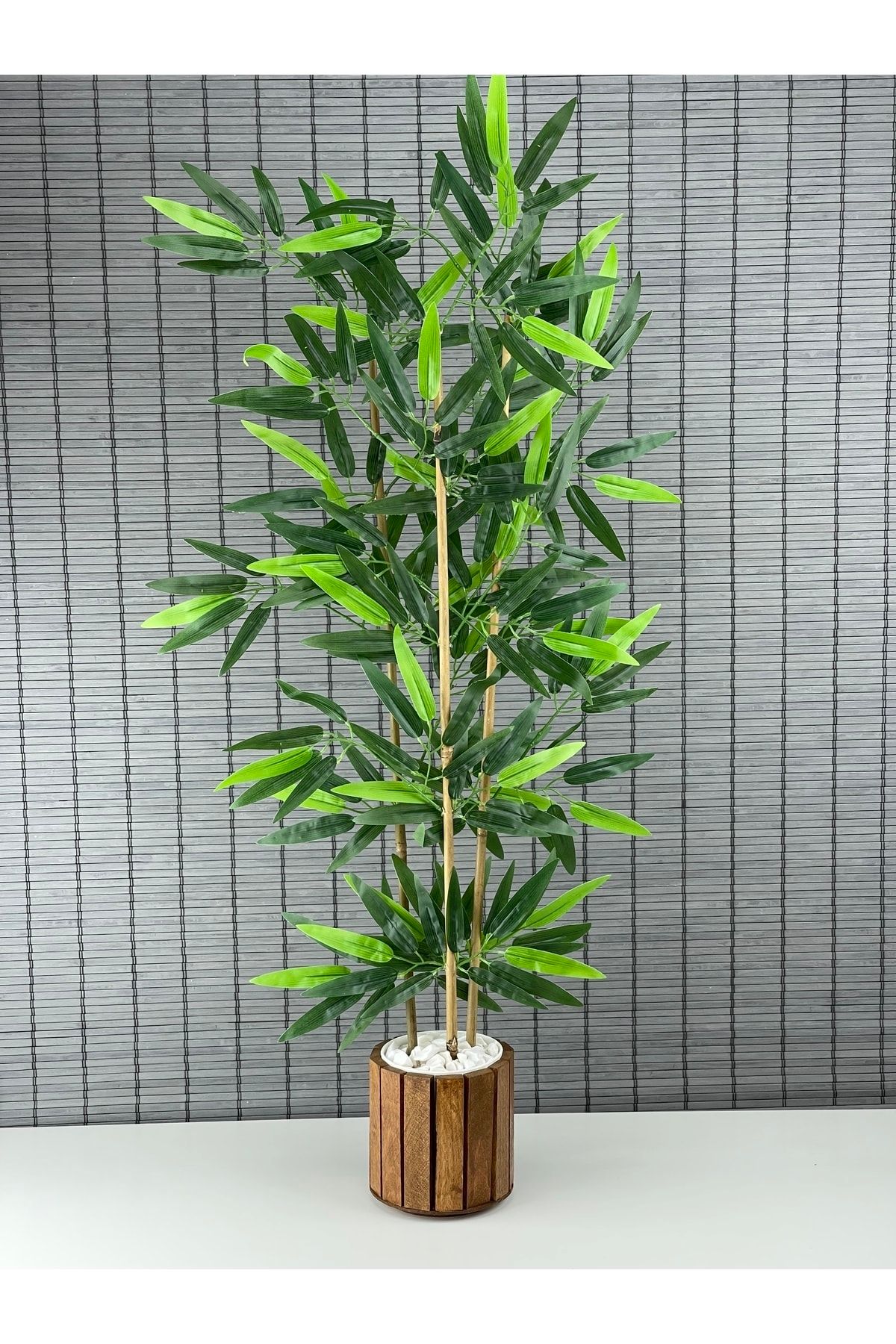 Bahçem Ahşap Saksılı Yapay Yoğun Yapraklı Dekoratif Bambu Ağacı 3 Gövde 110cm %100 Orjinal Bambu Gövde