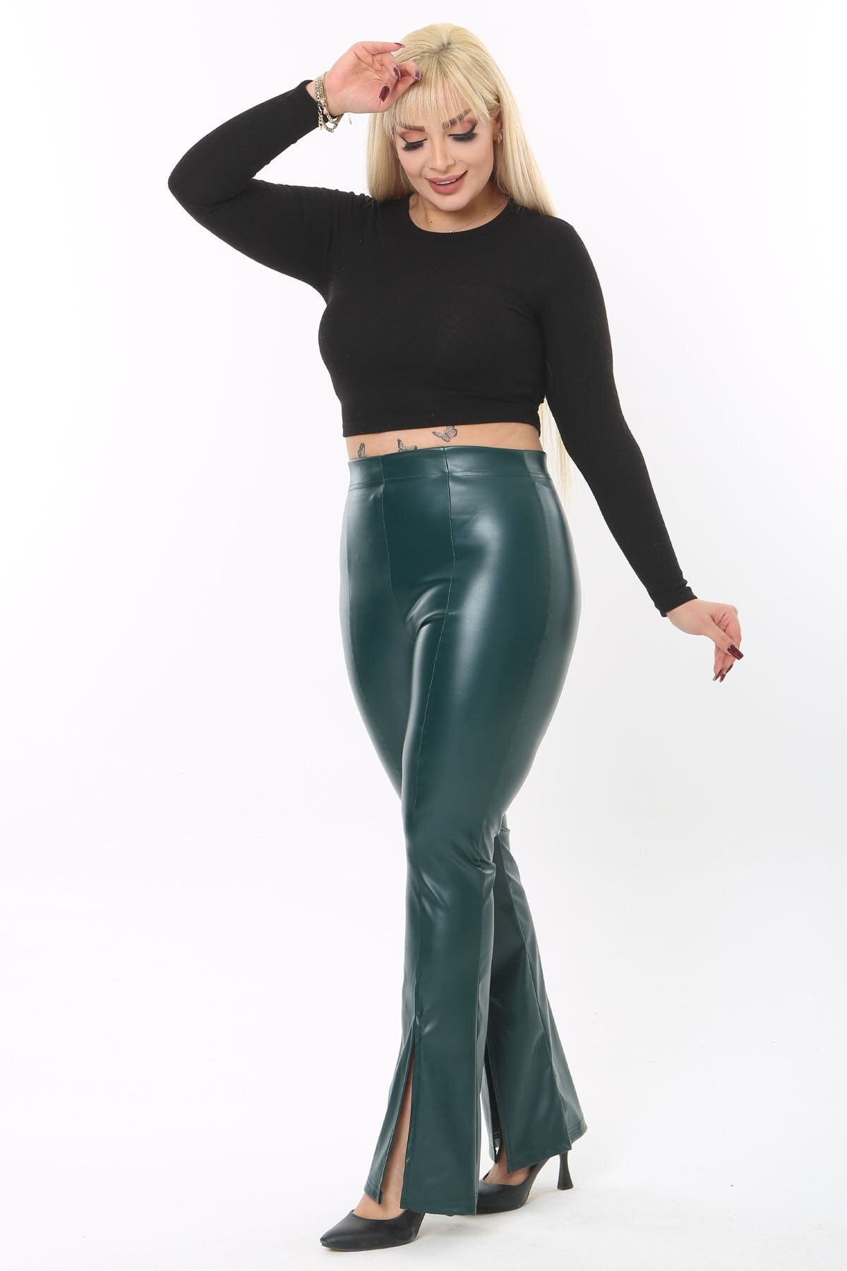 Mooi XXL Kadın Yeşil Yırtmaç Detay Esnek Suni Deri Pantolon