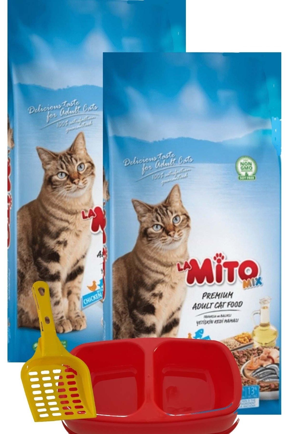 Mito Mix Adult Cat Tavuklu Ve Balıklı Renkli Taneli Kedi Maması 1kg X 2 Adet + Kürek + Mamalık