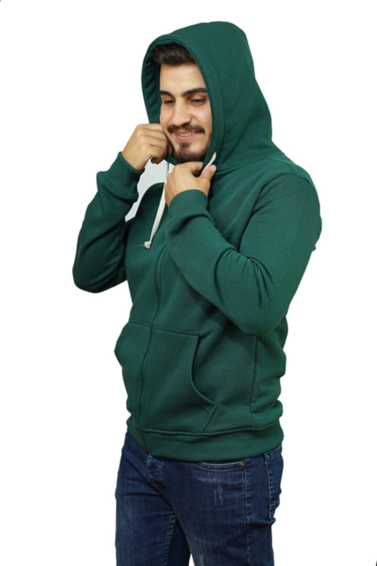 OG Casual Yeşil Fermuarlı Üç Iplik Şardonlu Kapüşonlu Erkek Sweatshirt