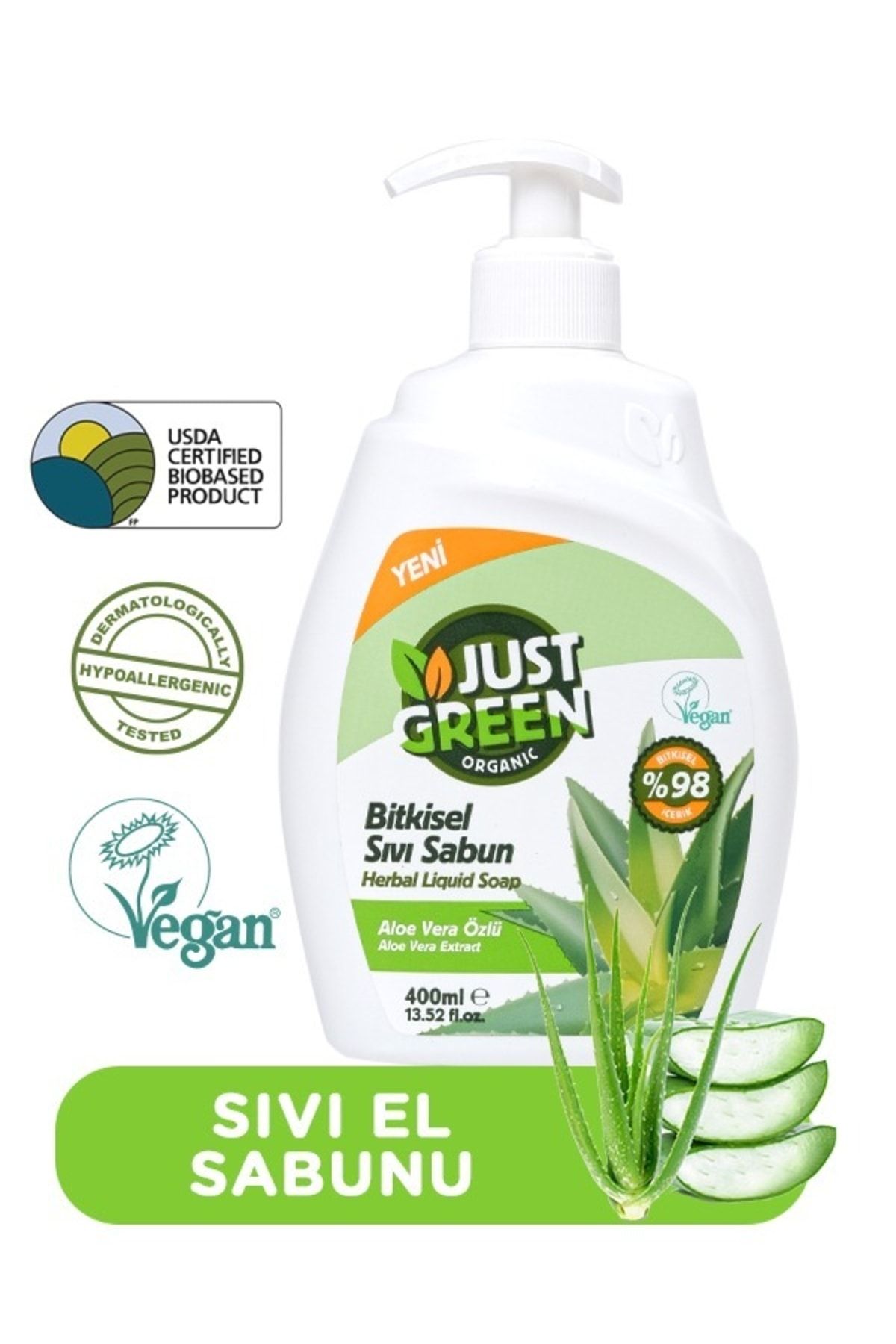 Just Green Organic Bitkisel Sıvı Sabun Aloe Vera Özlü 400ml
