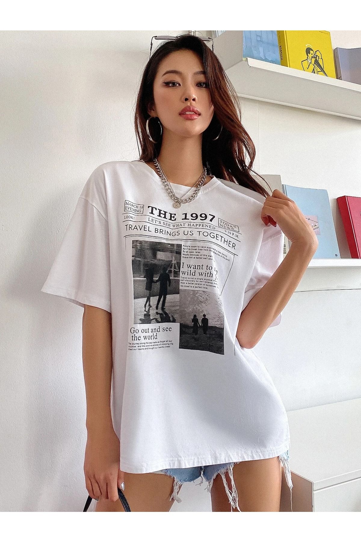 SARNİA Kadın Beyaz The 1997 Baskı Oversize T-shirt