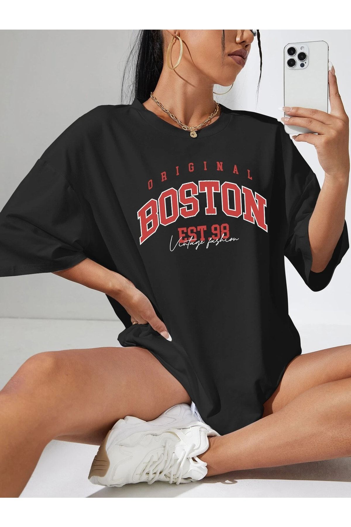 SARNİA Kadın Siyah Boston Baskı Oversize T-shirt