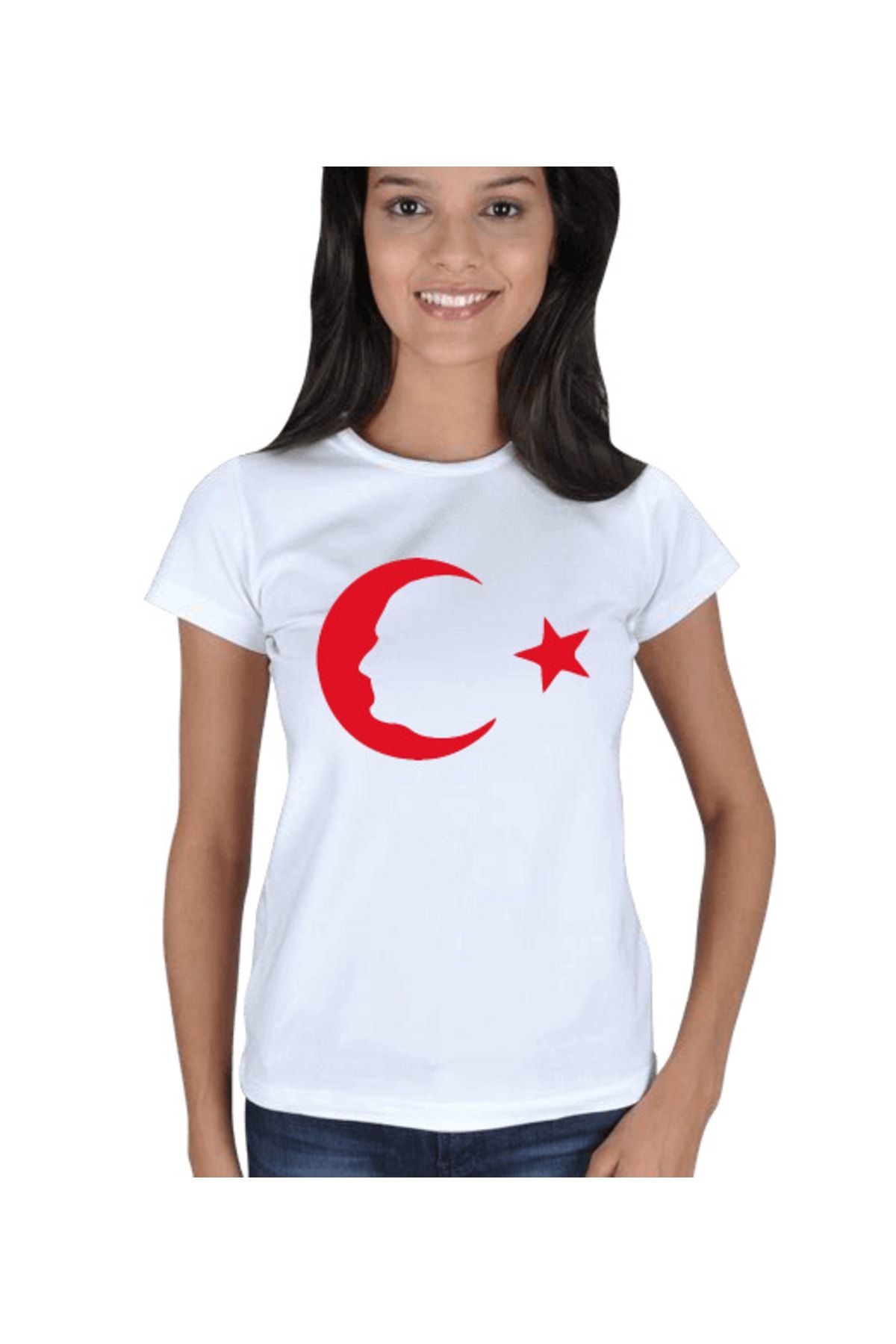 Tisho Kadın Beyaz Ay Yıldızlı Atatürk Silüeti Baskılı  T-Shirt