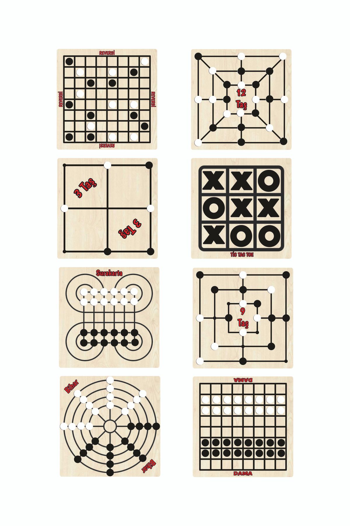 Kiri Ahşap Zeka Ve Strateji Oyunu 8 Li Oyun Reversi+12taş+3taş+tic Tac Toe+ Surakarta+ 9taş+ Bihar+dama