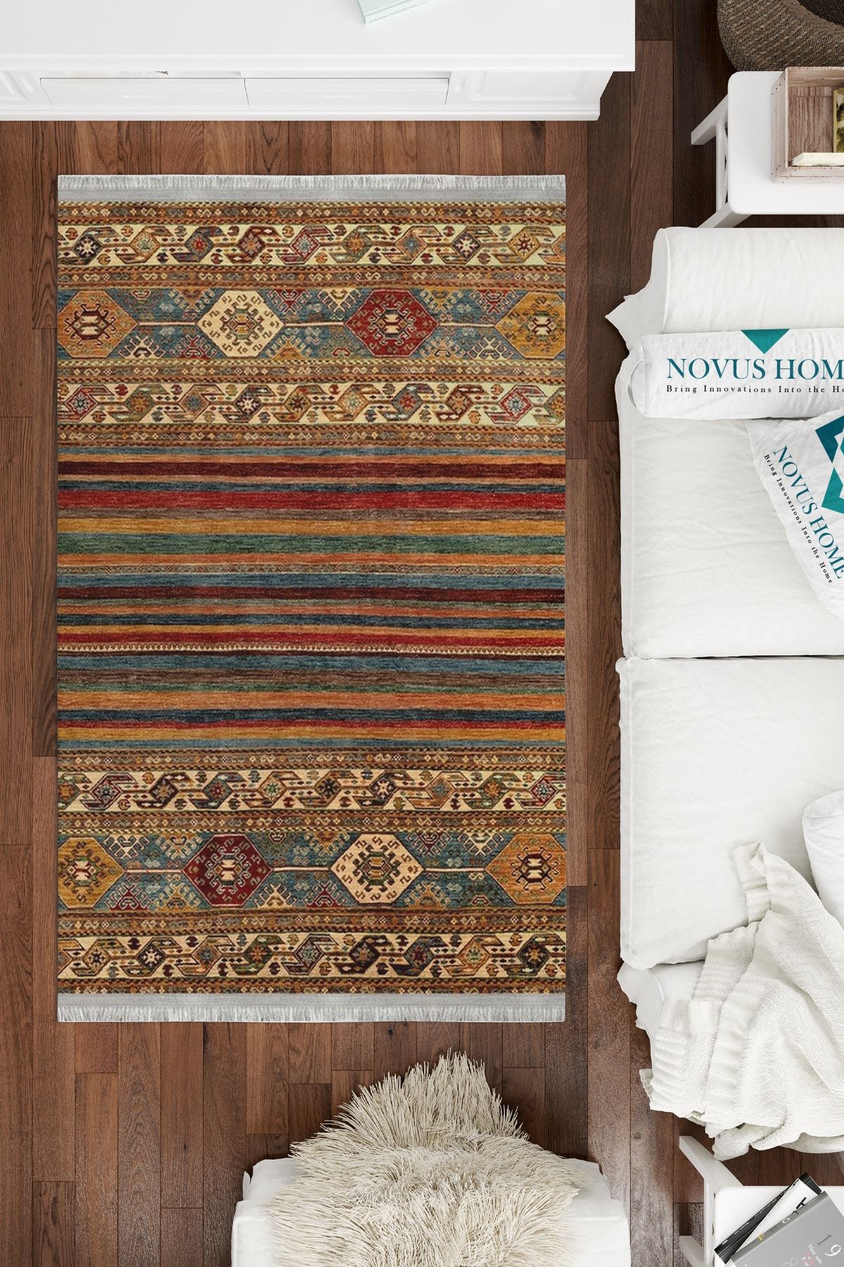Novus Home Yıkanabilir Kaymaz Tabanlı Dijital Baskılı Cotton Serisi Dokuma Kilim Efektli Halı.