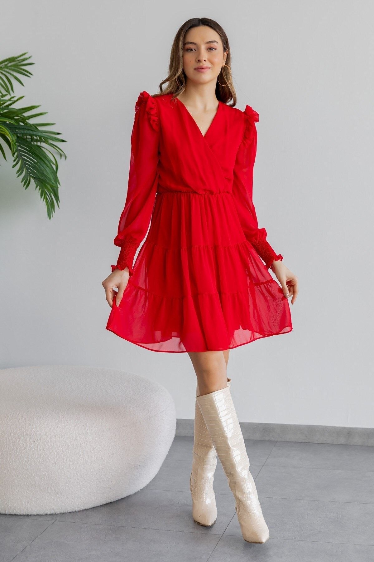 vuvutasarım ?Kadın Astarlı Şifon Kumaş Kruvaze Yaka Kırmızı Mini Abiye Elbise 081