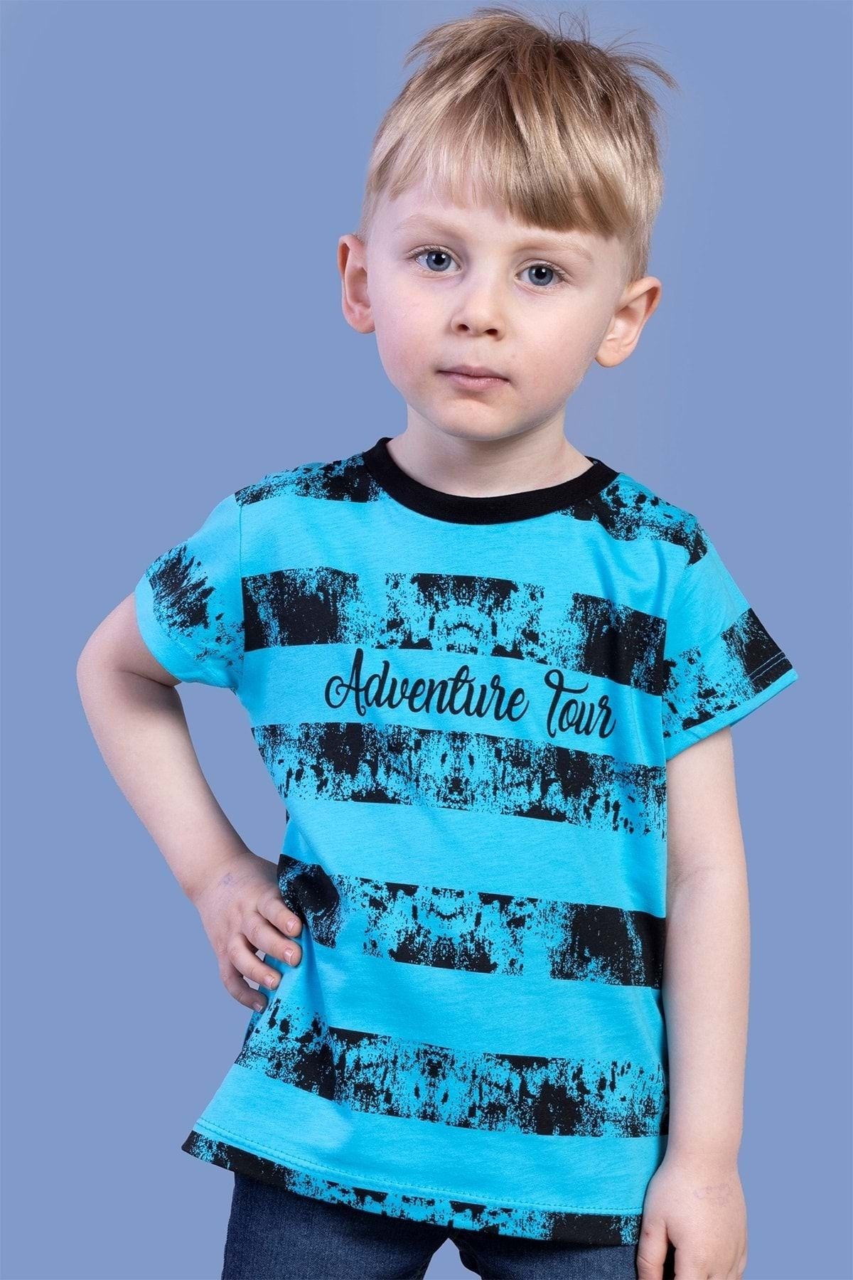 Toontoy Erkek Çocuk Mavi Çizgi Desenli Tişört