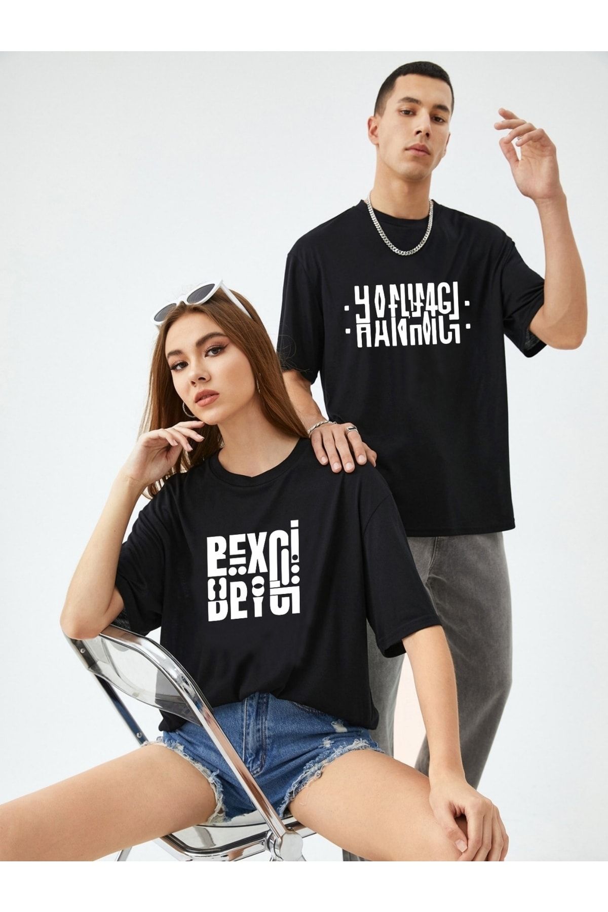 AFROGİYİM Siyah Unisex Ikili Hanımcı Ve Beyci Baskılı Oversize T-shirt