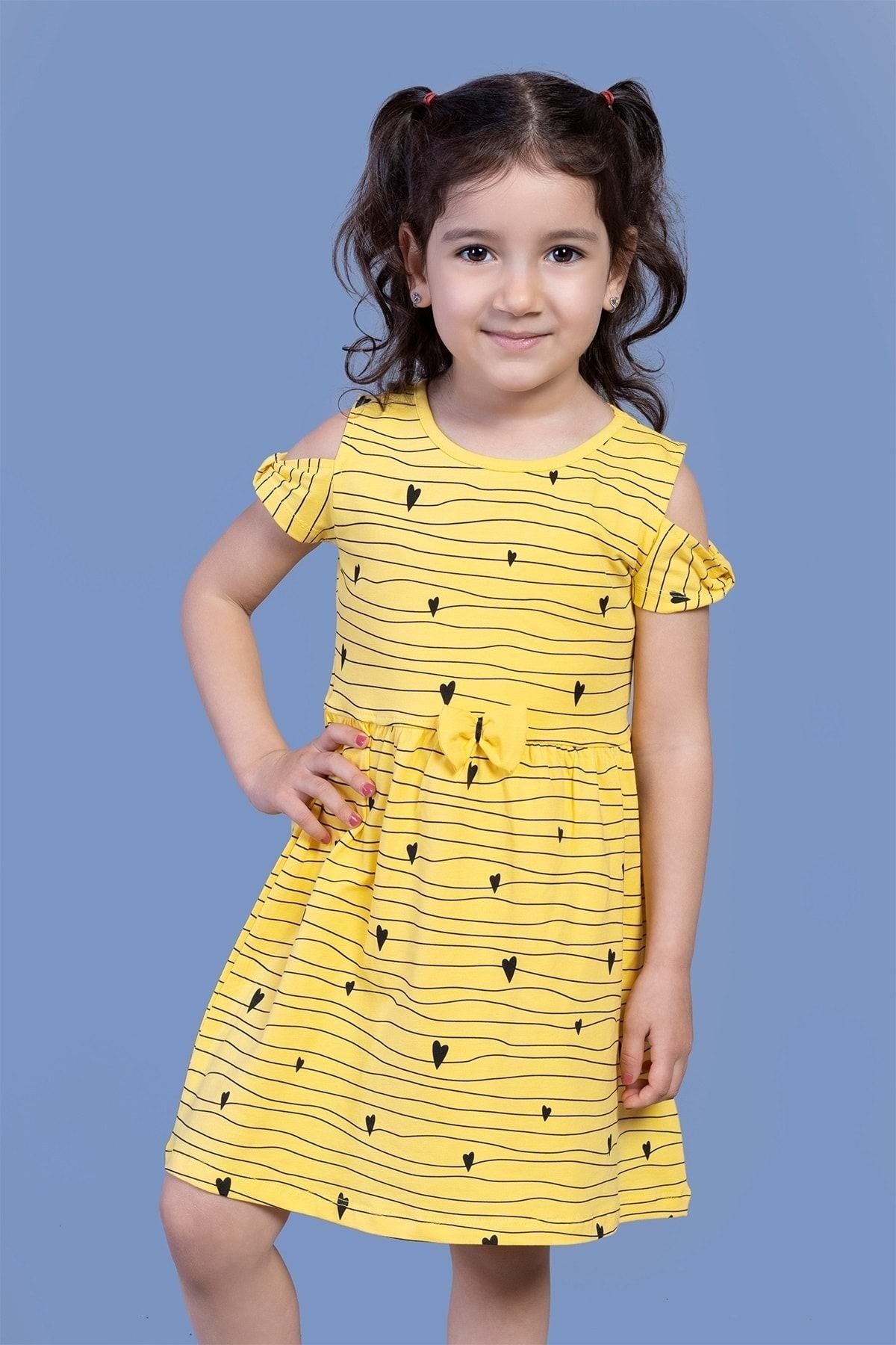 Toontoy Kız Çocuk Kalp Desenli Kolları Detaylı Elbise