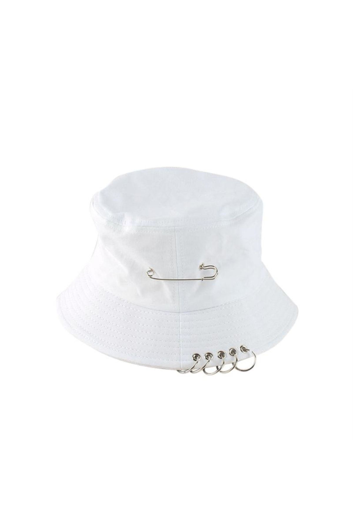 Köstebek Beyaz K-pop Piercing Ve Çengelli Iğne Modelli Bucket Şapka
