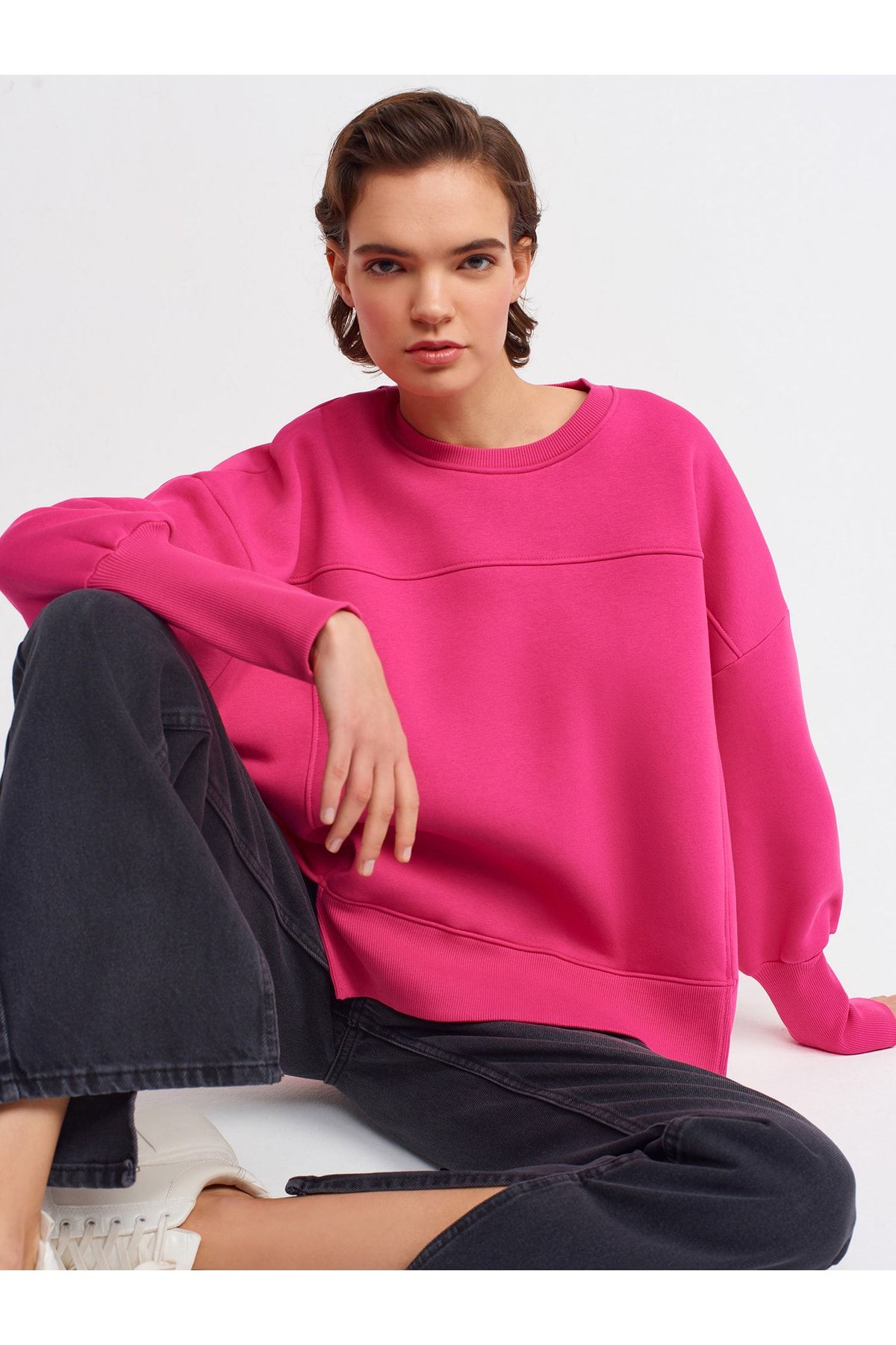 Dilvin 40111 Oversize Sweatshırt-fuşya