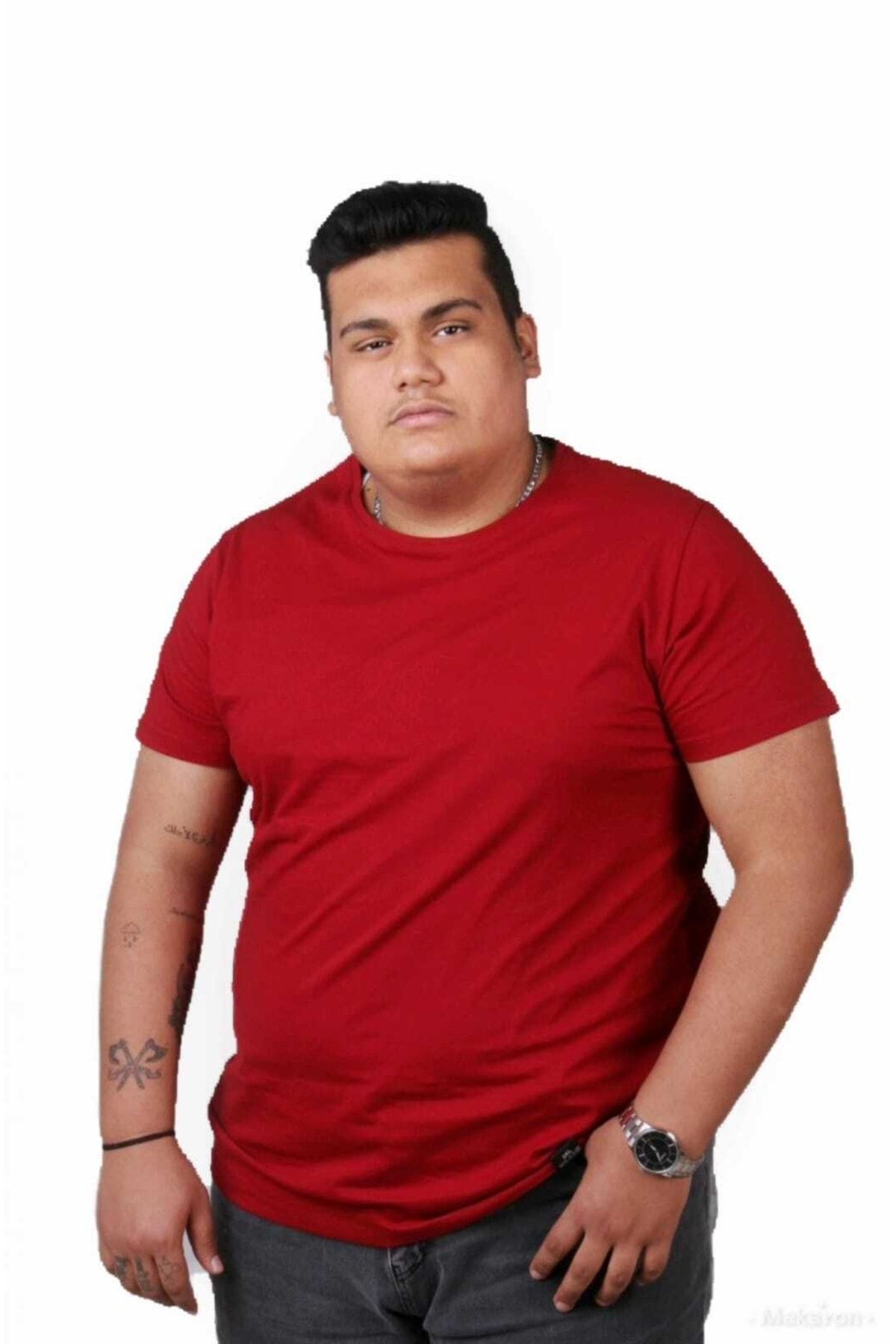 Ekis Konfeksiyon Erkek Kırmızı Büyük Beden Sıfır Yaka T-shirt