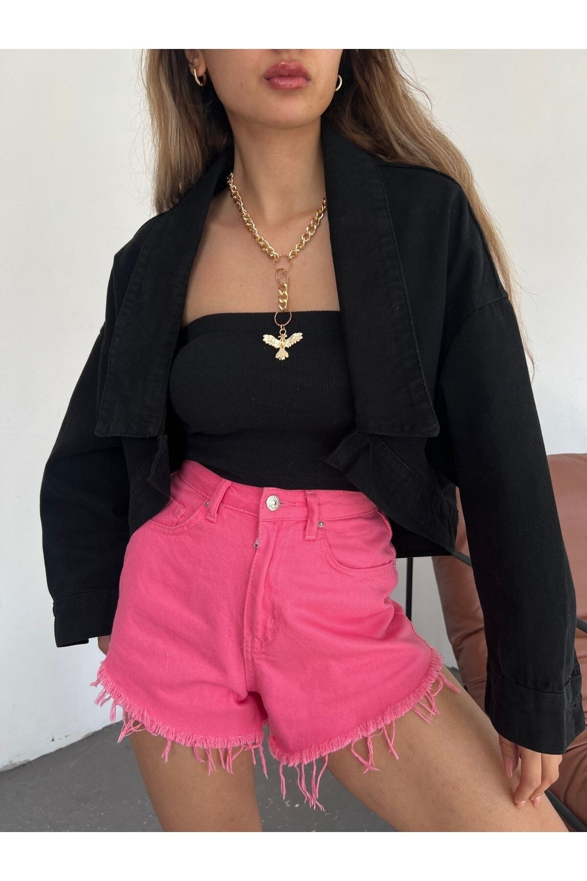 Fav Style Kadın Uzun Kollu Oversize Bolero Kot Ceket Siyah
