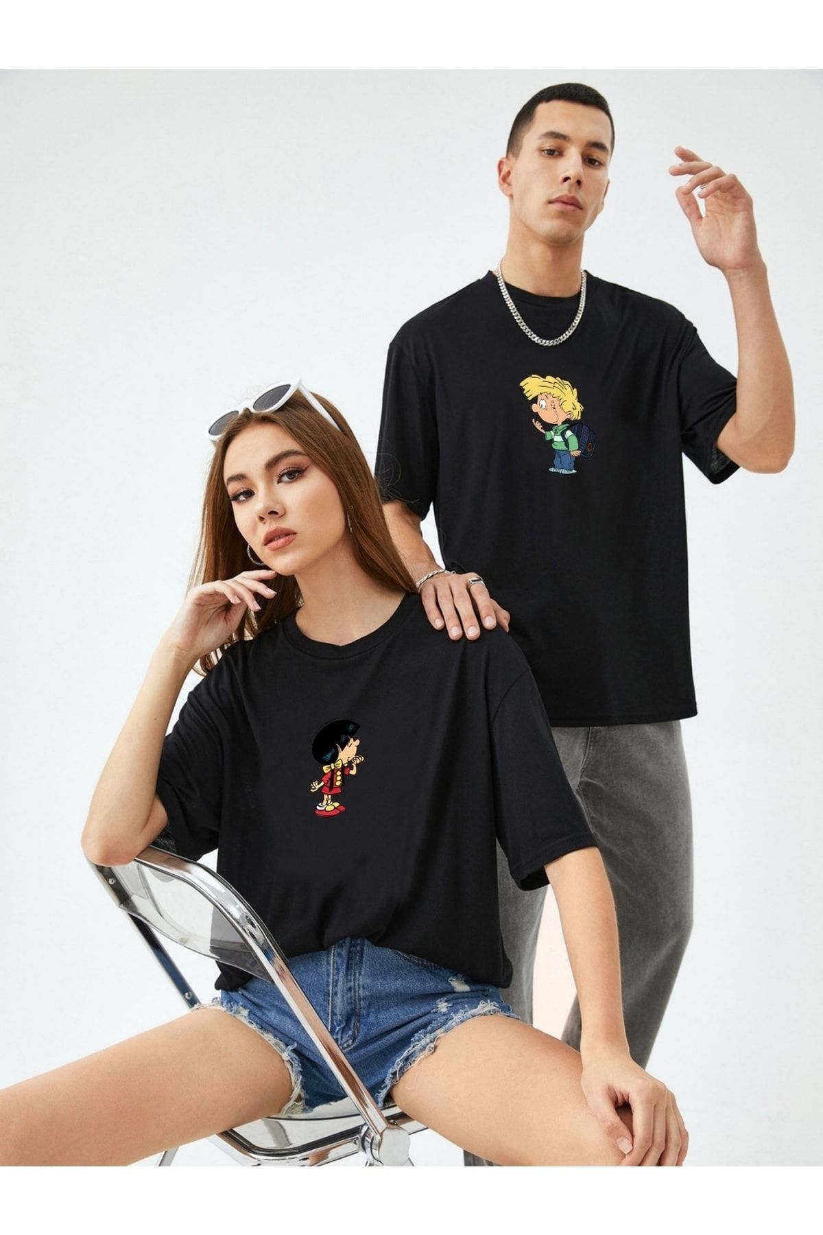 AFROGİYİM Siyah Unisex Ikili Cedric Chen Baskılı Oversize T-shirt