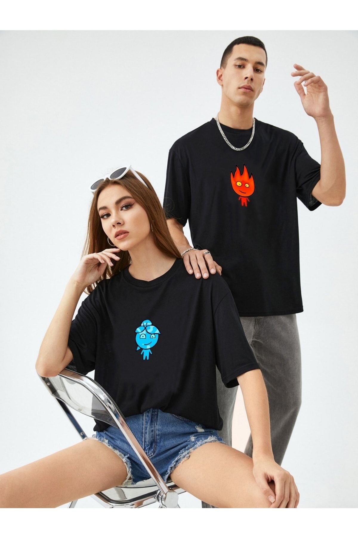 AFROGİYİM Siyah Unisex Ikili Ateş Ve Su Baskılı Oversize T-shirt