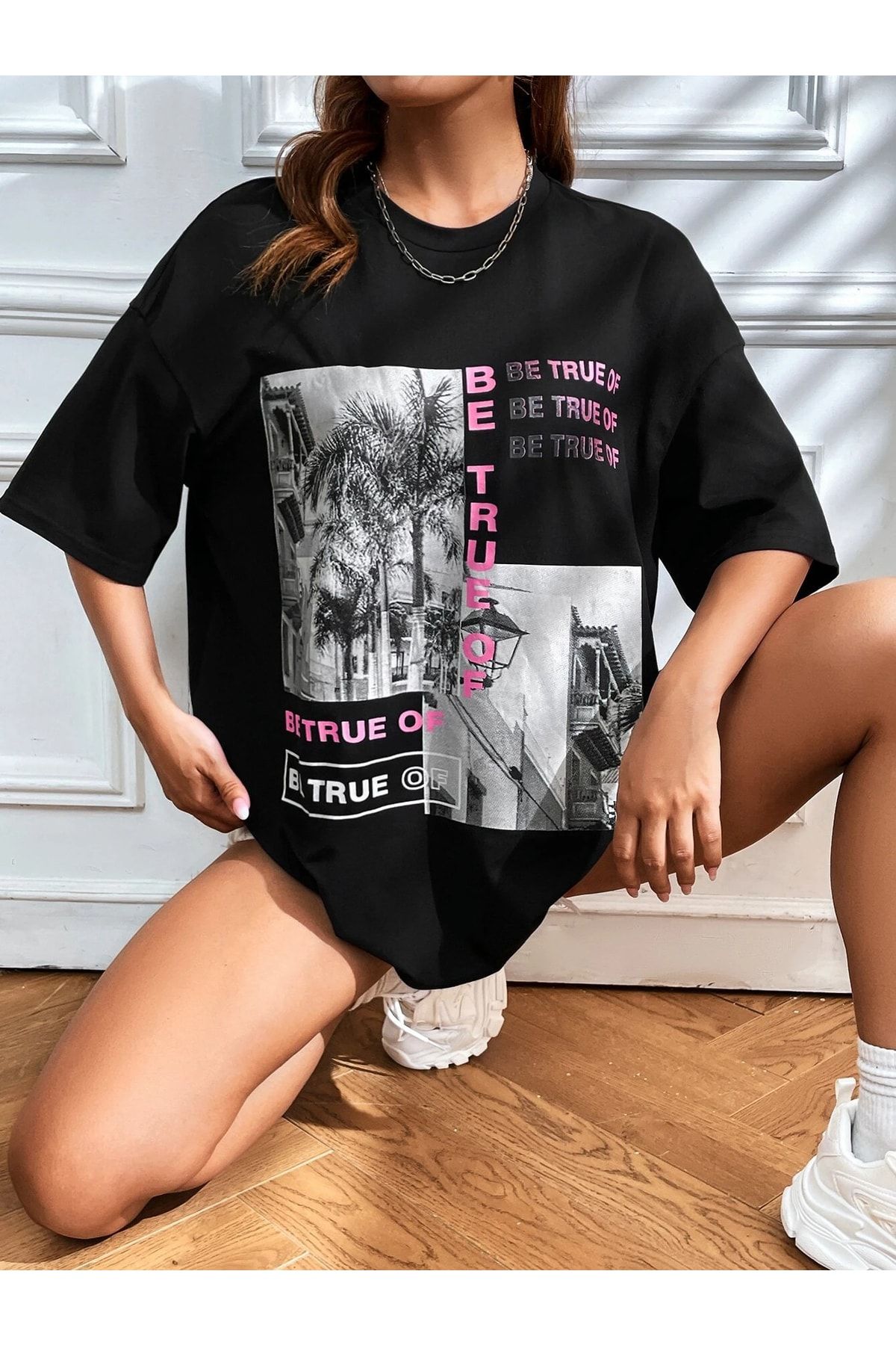 SARNİA Kadın Siyah Be True Of Baskı Oversize T-shirt