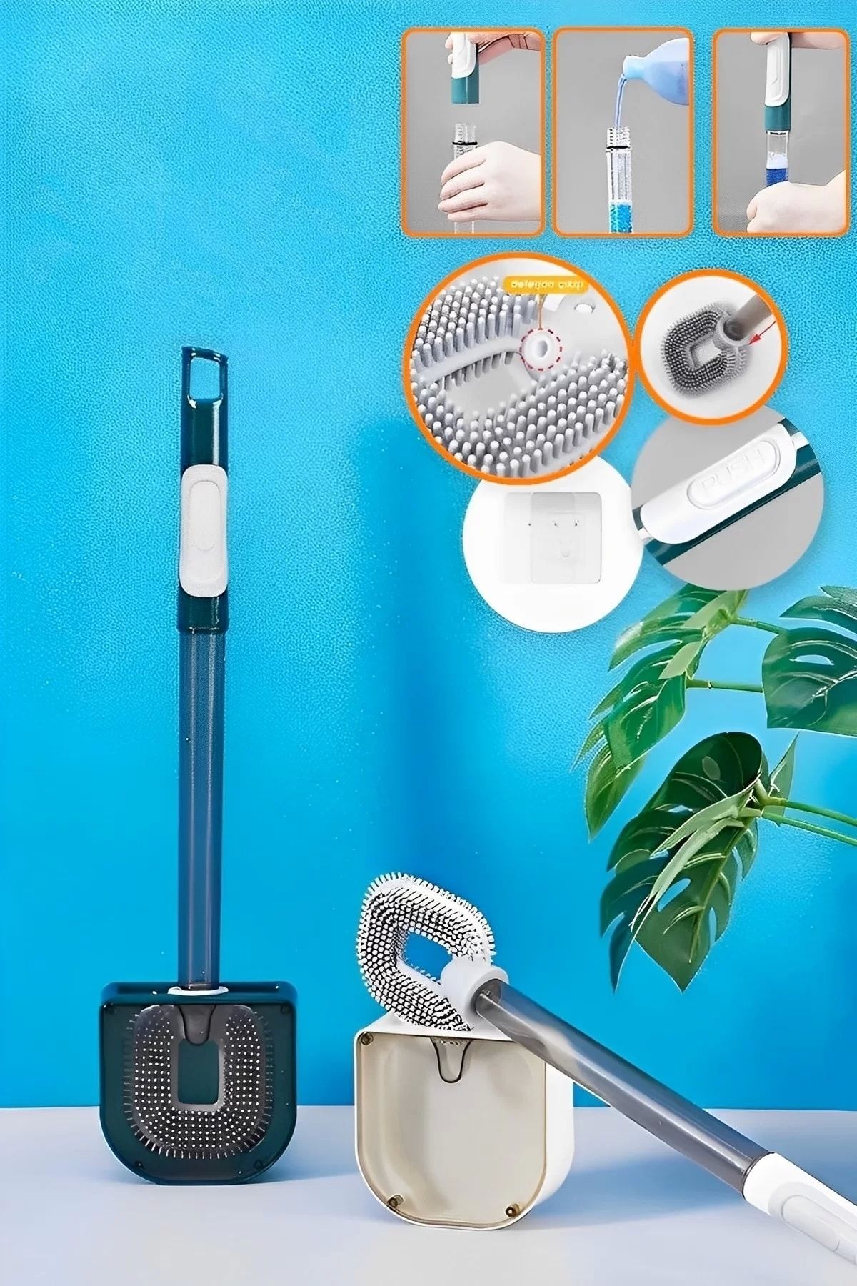 Tilbe Home Tuvalet Fırçası Deterjan Hazneli Bükülebilir Duvara Monte Silikon Wc Klozet Banyo Temizlik Fırçası