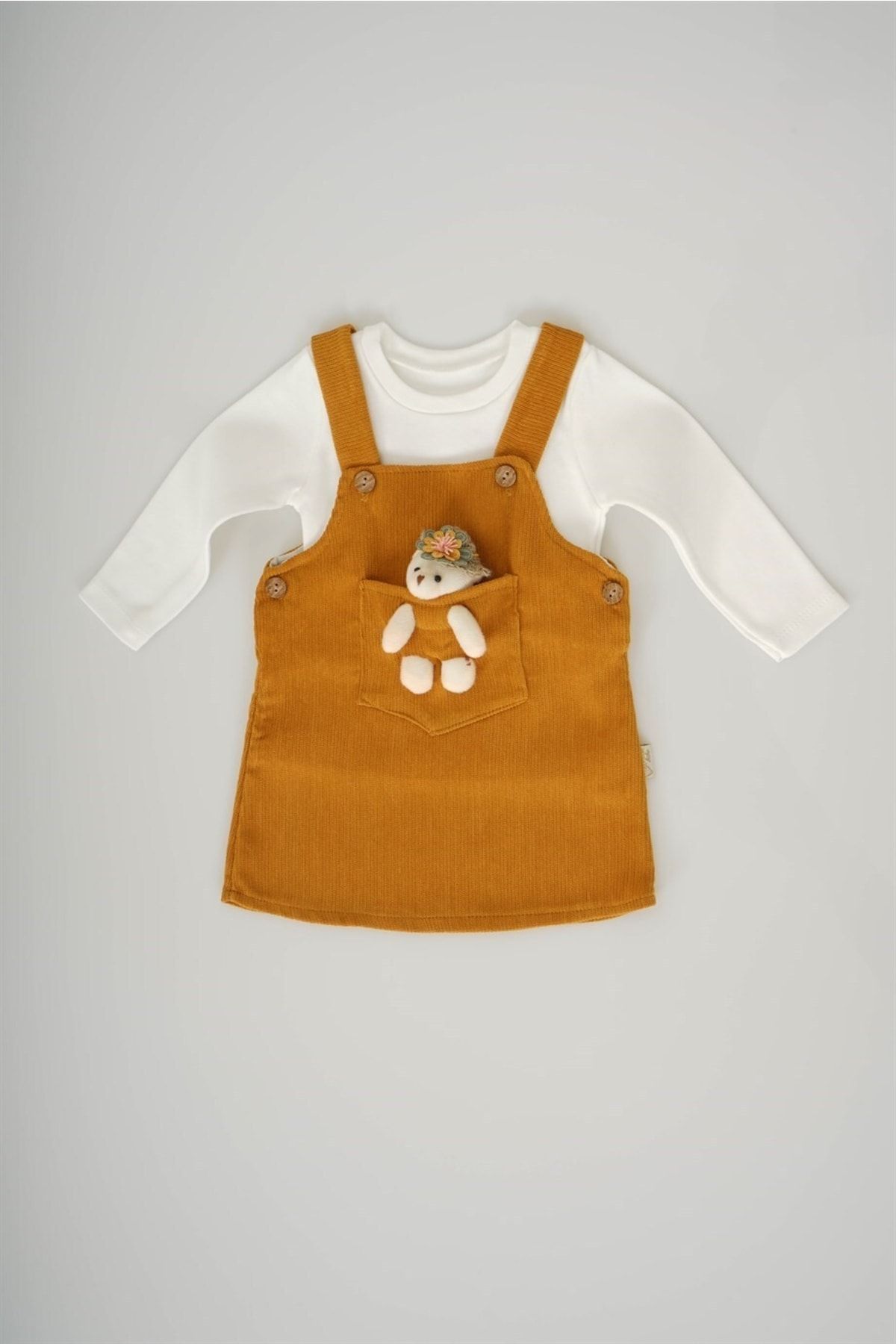 MİNİKO KİDS Kız Bebek Ayıcık Figürlü 2 Li Salopet Elbise