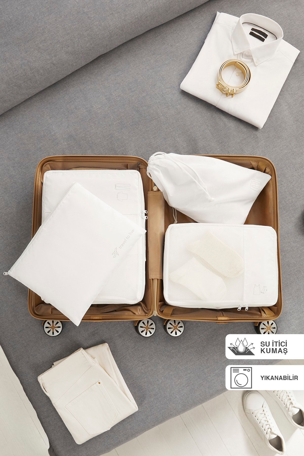 Ocean Home Textile 4'lü Yıkanabilir Beyaz Paraşüt Kumaş Valiz Düzenleyici Bavul Içi Organizer Set