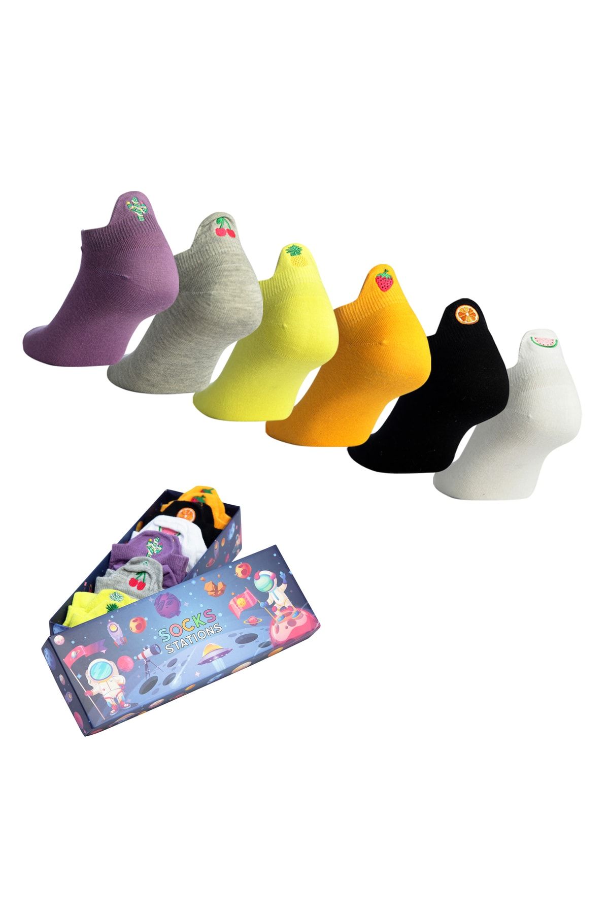 Socks Stations Desenli Renkli Bilek Çorap Kutusu 6'lı Meyveli Neşeli Set