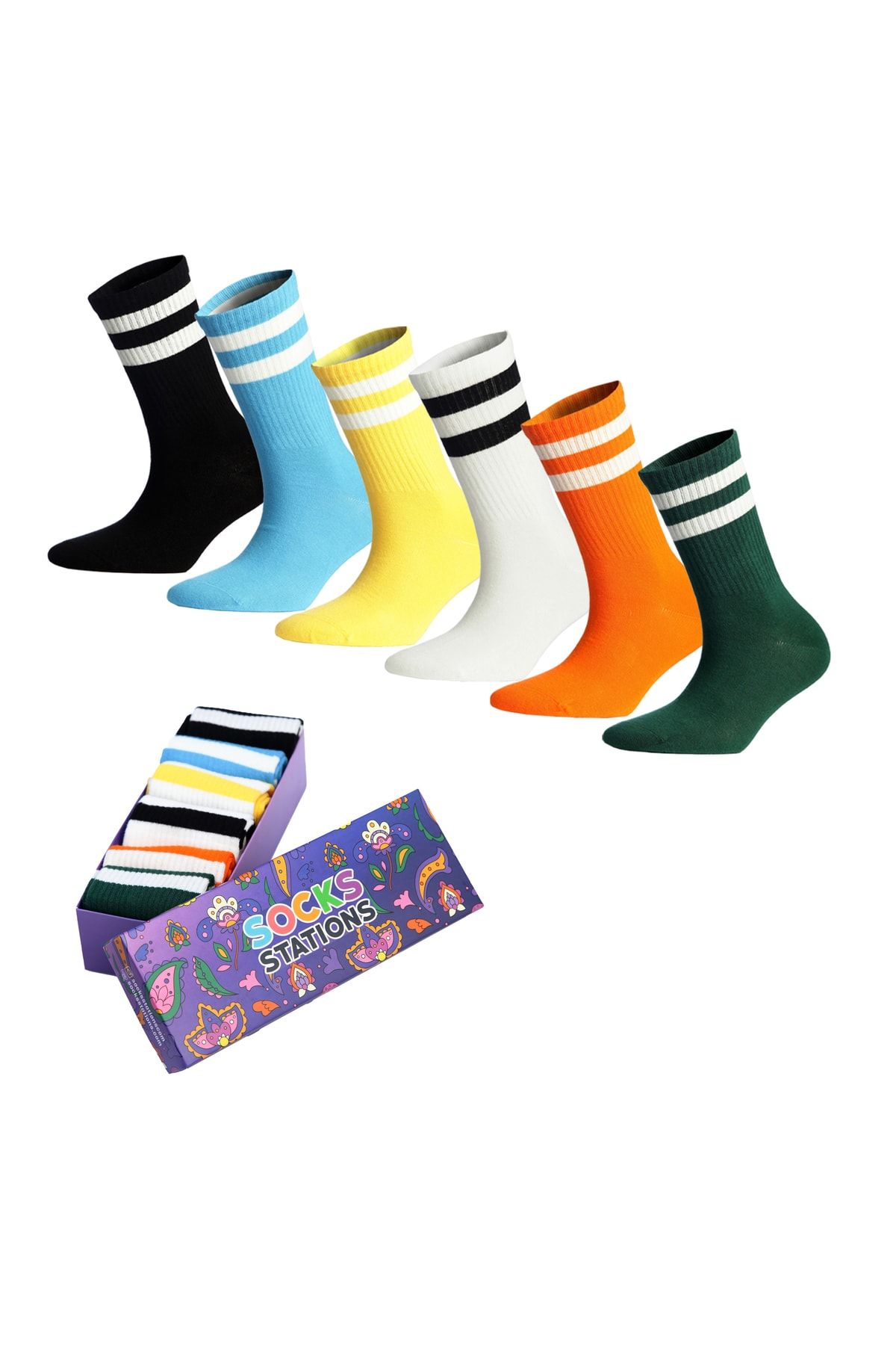 Socks Stations Desenli Renkli Soket Çorap Kutusu 6'lı Çift Çizgi Neşeli Set