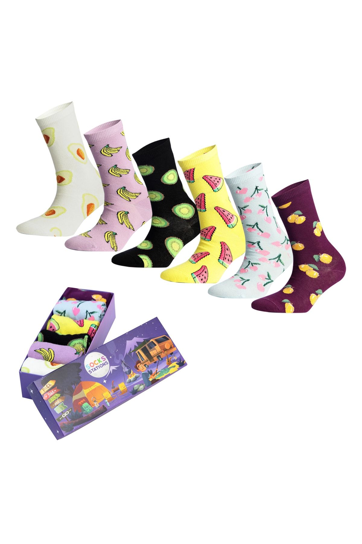 Socks Stations Desenli Renkli Soket Çorap Kutusu 6'lı Meyveli Neşeli Set
