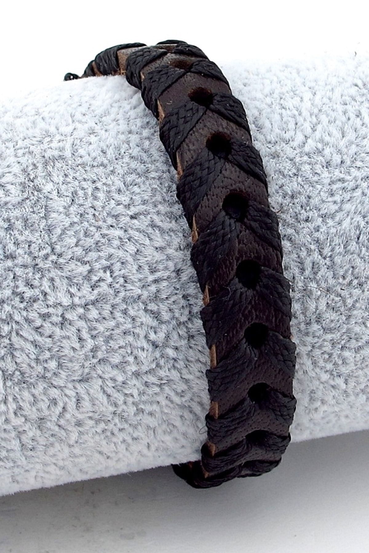 Stanbula Siyah Örgülü Kahverengi Orjinal Deri Bağlama Erkek Bileklik Bx0016