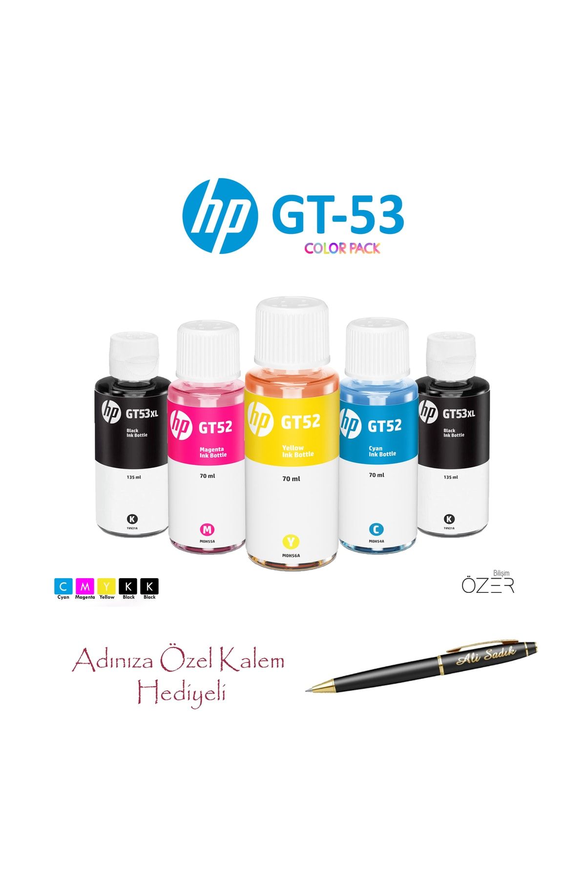 HP Gt53xl Gt5810 Uyumlu Dolum Seti +1 Siyah Mürekkep + Isme Özel Kalem Ve Defter Hediyeli