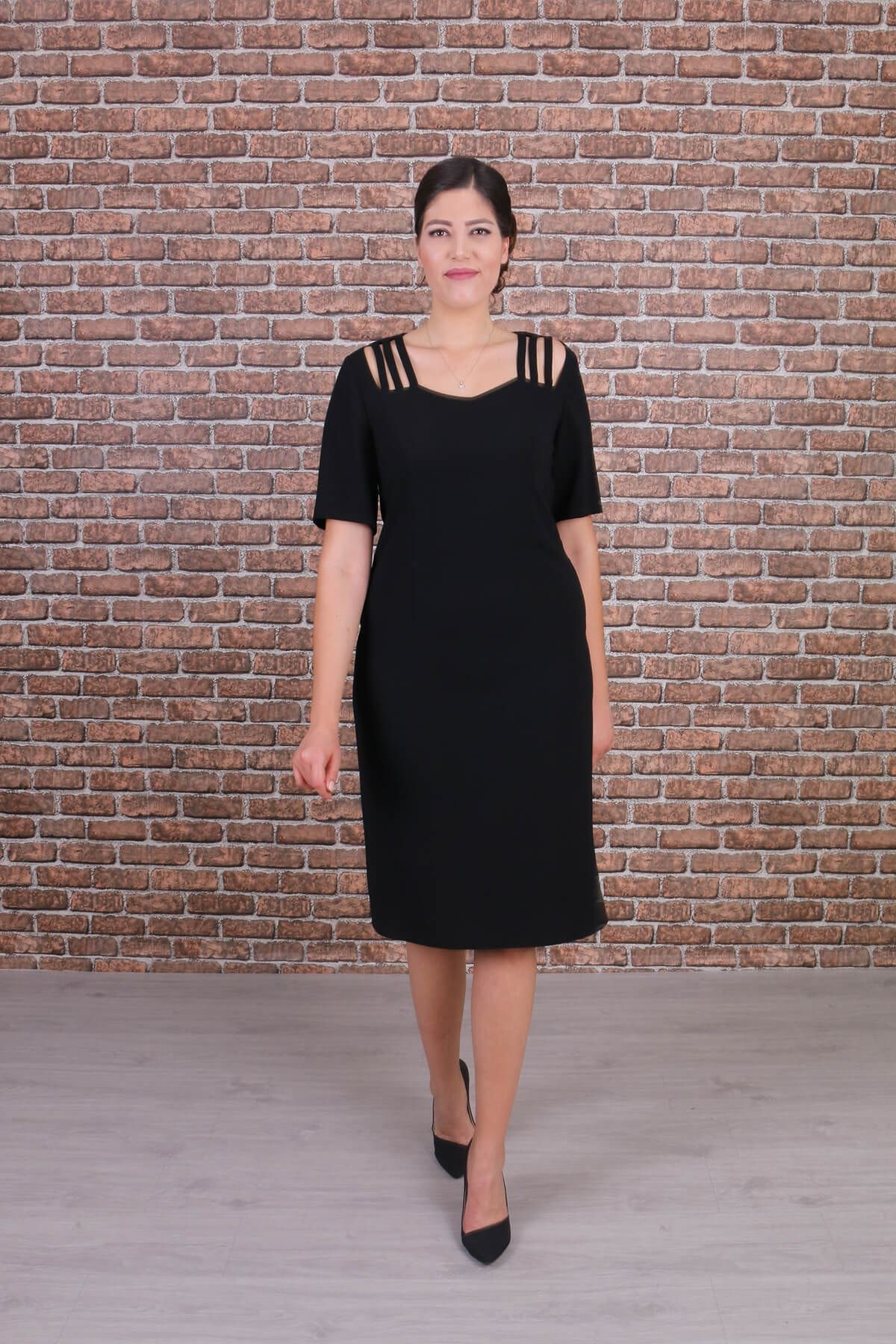Nidya Moda Büyük Beden Kadın Siyah Omuz Şeritli Abiye Elbise-4155s