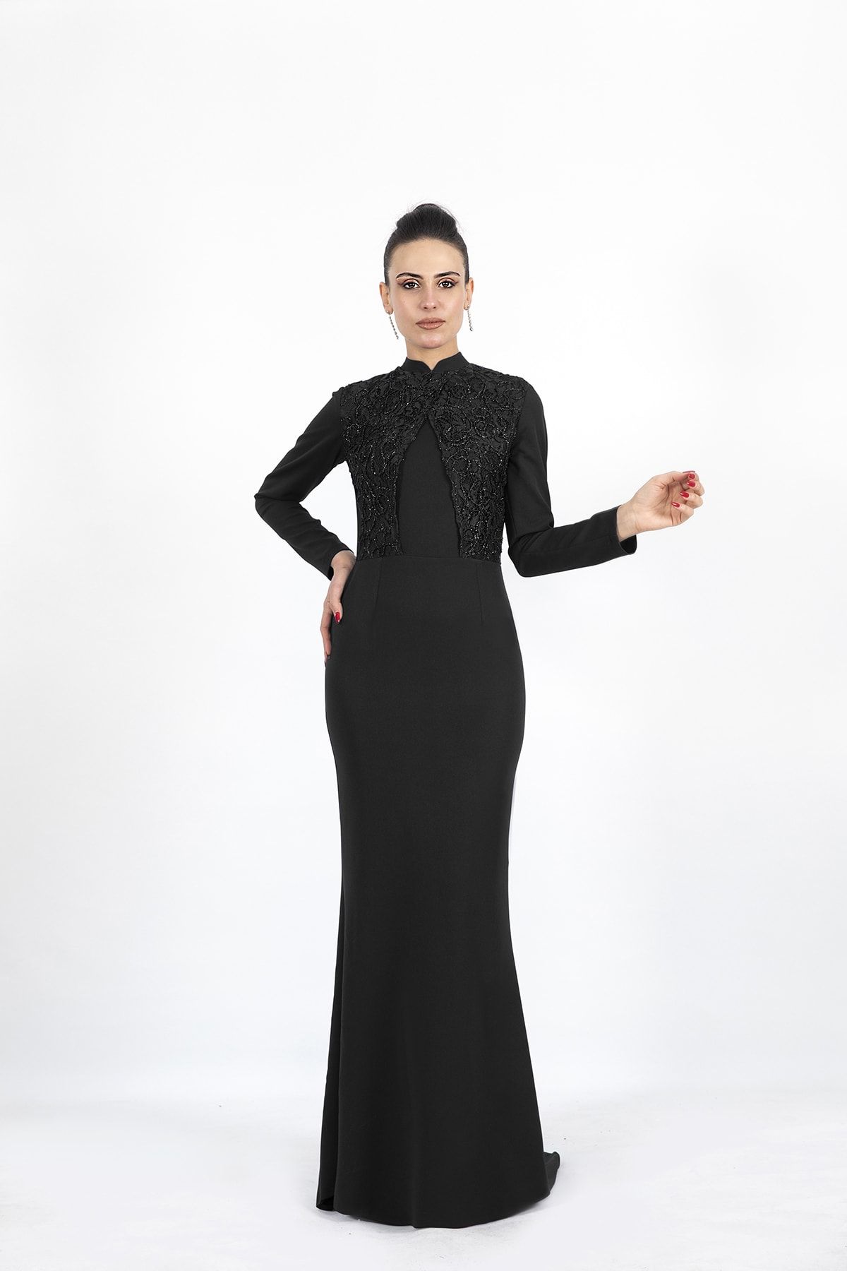 Nidya Moda Kadın Siyah Büyük Beden Tesettür Balık Uzun Abiye Elbise-4154ts