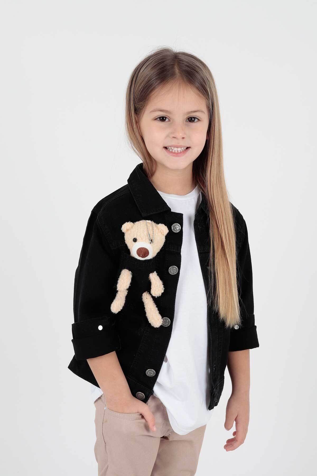 AHENGİM Kız Çocuk Ayıcıklı Pamuklu Jean Ceket Günlük Modaya Uygun Ak22176023
