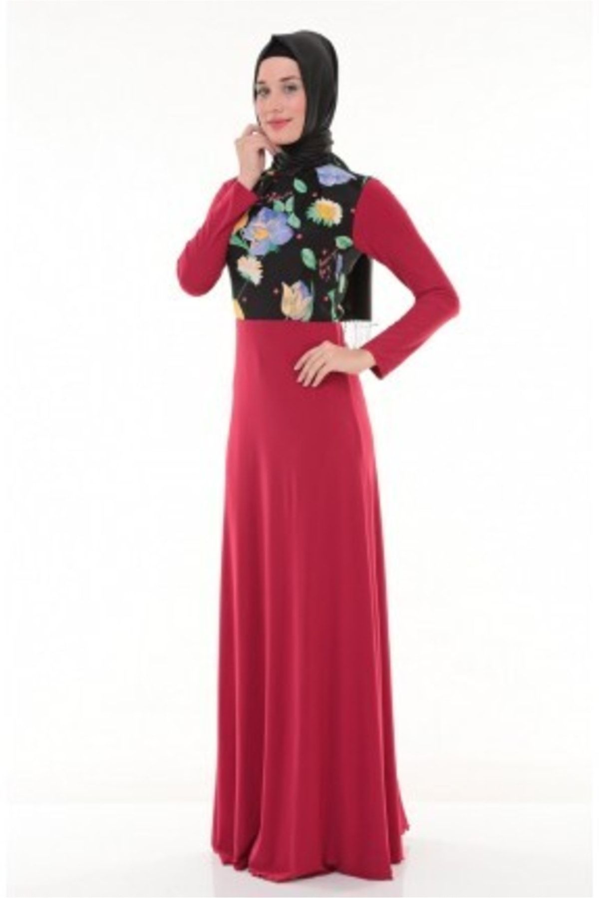 Nidya Moda Kadın Kırmızı Üst Çiçekli Tesettür  Elbise-4046k