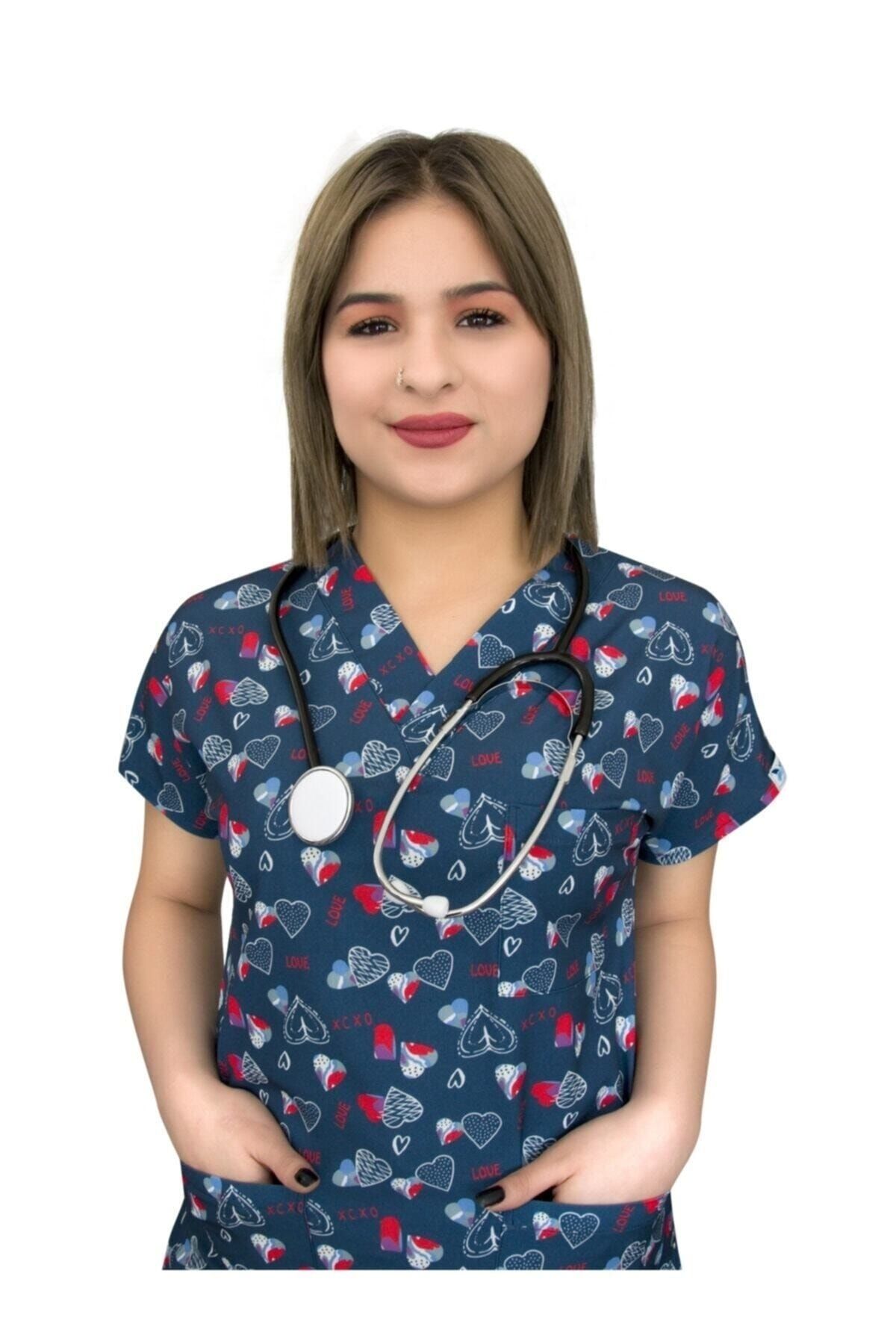 Nur Medikal Giyim Doktor Hastane Hemşire Forması Lacivert Love Desenli Likralı Tek Üst Forma Scrubs Greys