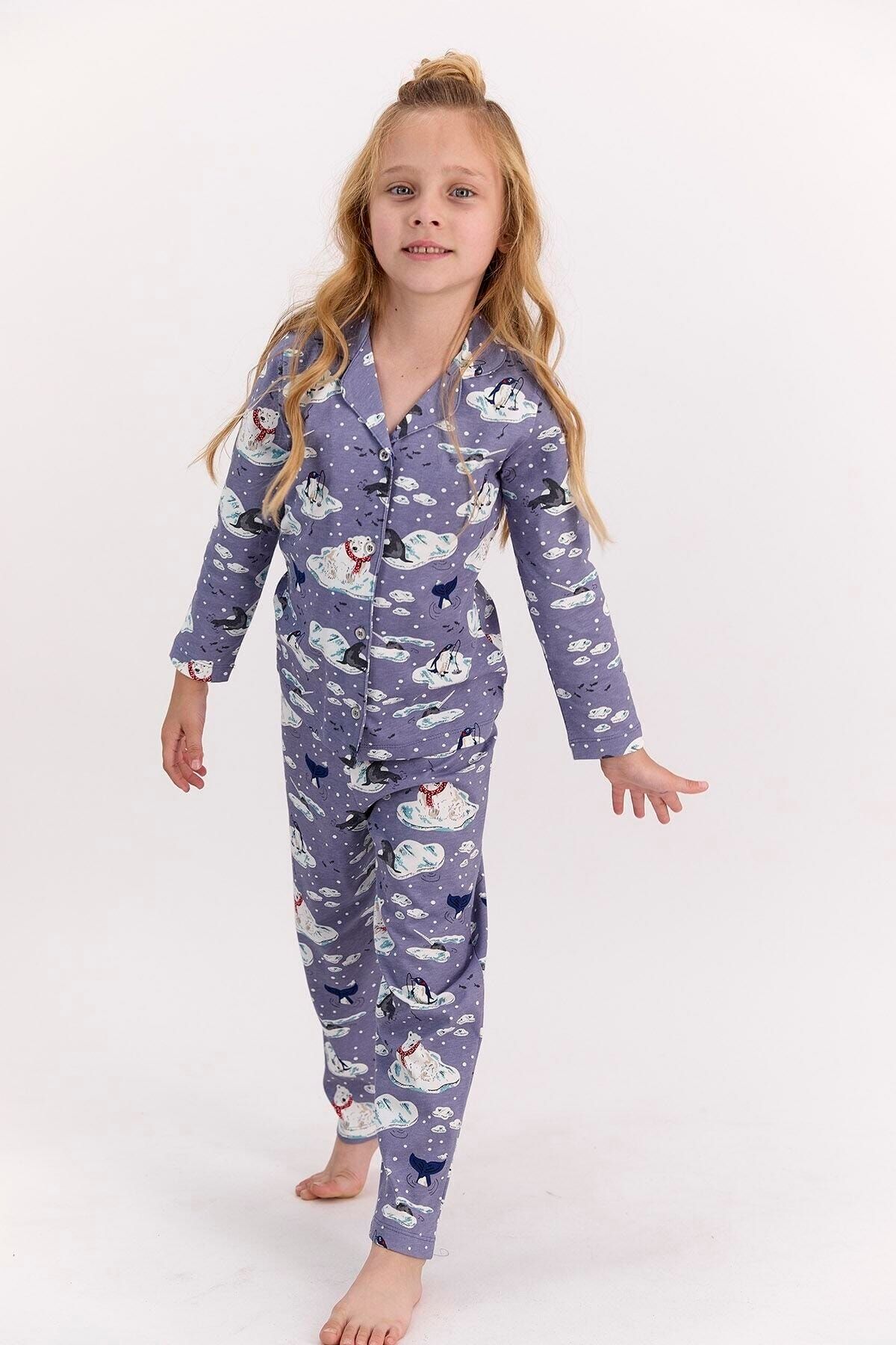 Arnetta Penguen Mor Kız Çocuk Gömlek Pijama Takımı Ar1437-c