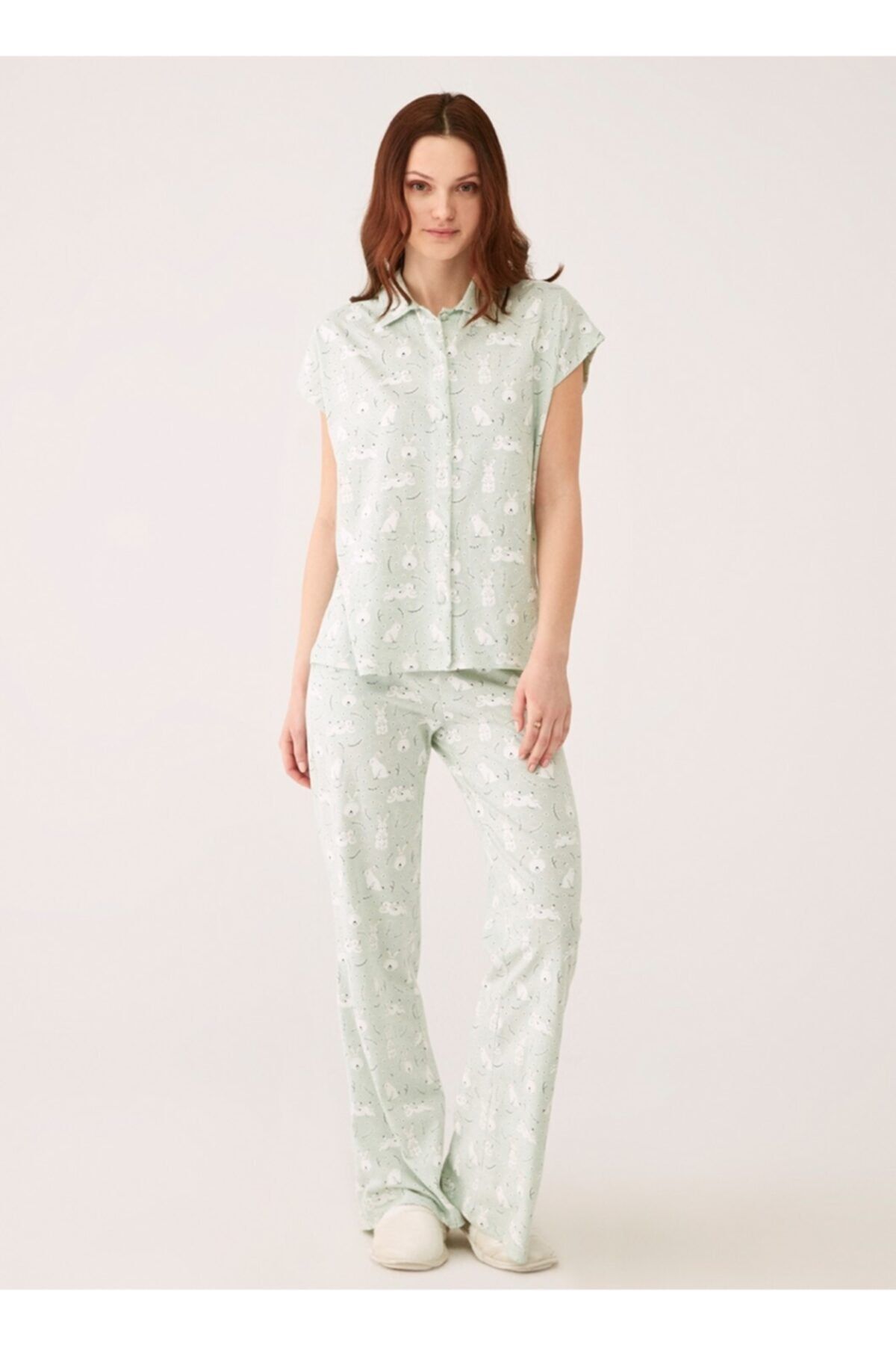 Dagi Yeşil Melanj Tavşan Baskılı Modal Empirme Kumaş Gömlek Kadın Kısa Kol Pijama Takımı