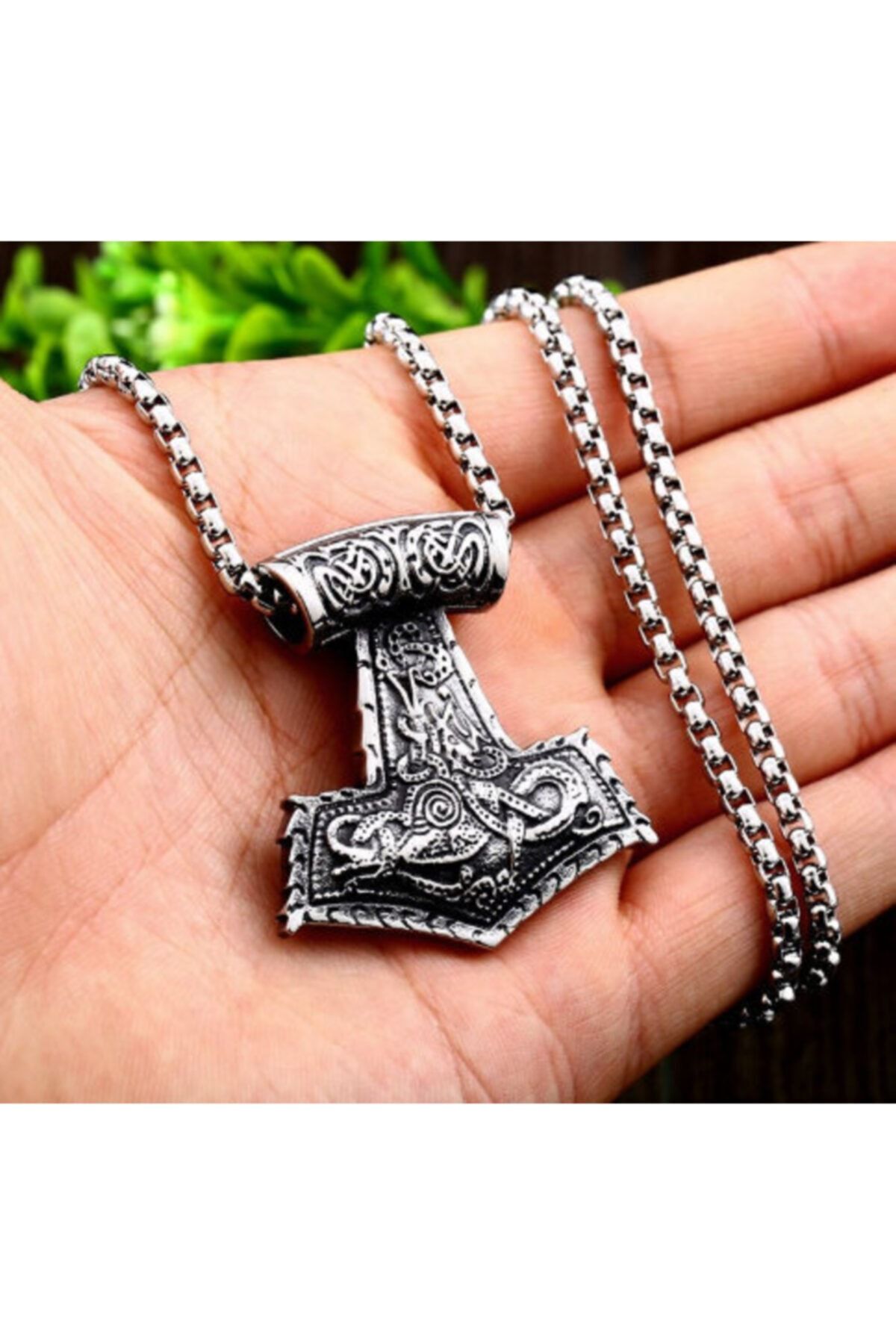 daisybydaisy Viking Kolye - Paslanmaz Çelik Gümüş Renk Kabartma Desenler Viking Thor Kolye