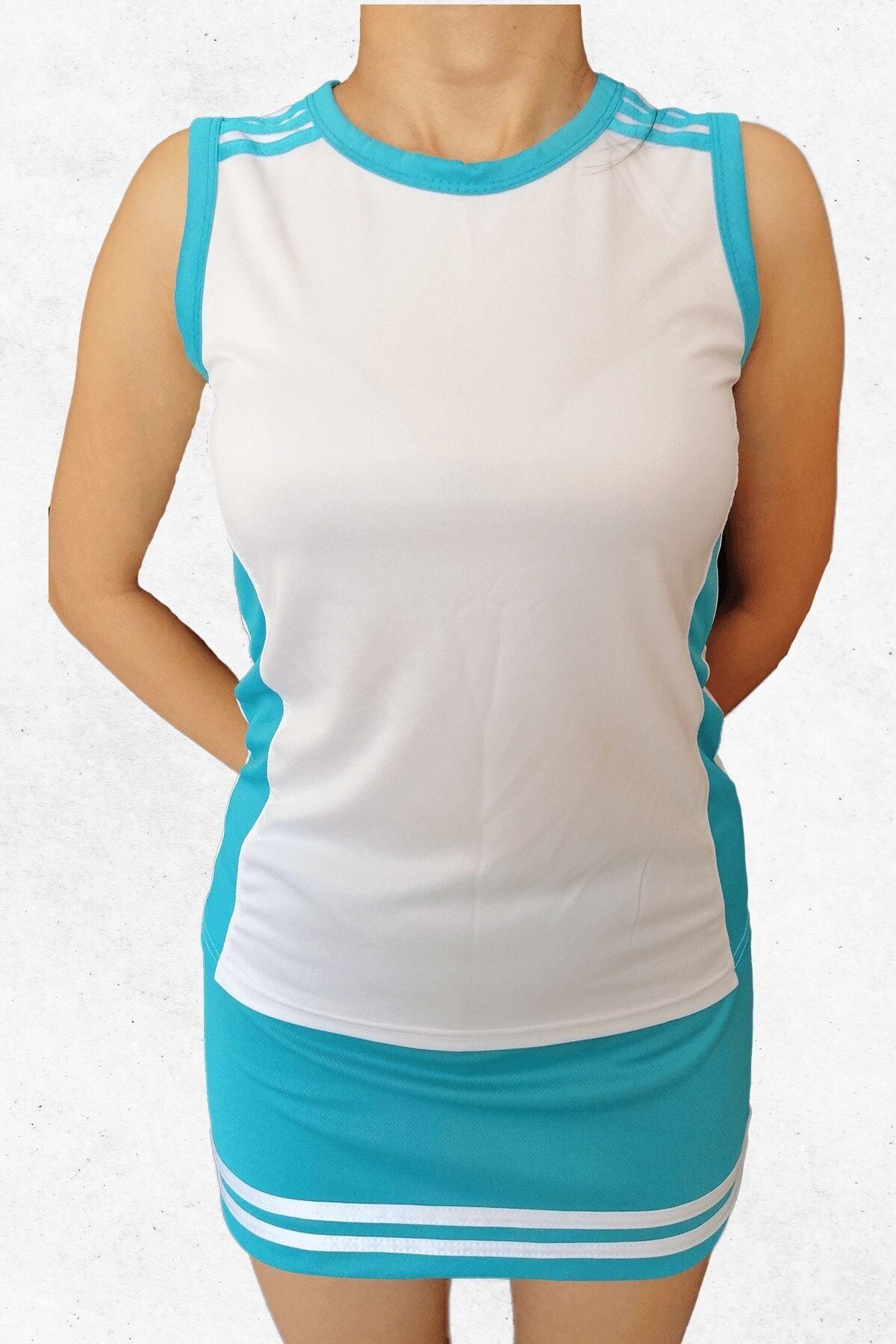 Modapalace Kadın turkuaz Şerit Modelli Sıfır Kol Kadın Spor Tişört