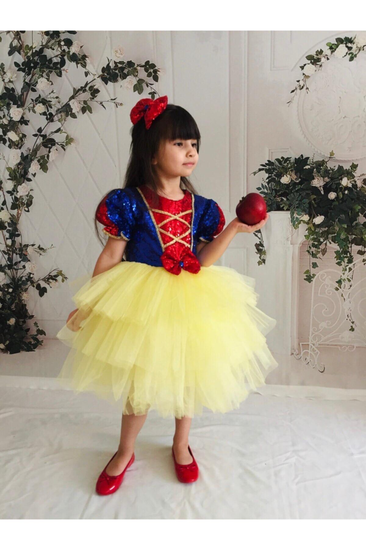 Buse&Eylül Bebe Kız Çocuk Sarı Pamuk Prenses Pul Payet Tütülü  Parti Elbisesi