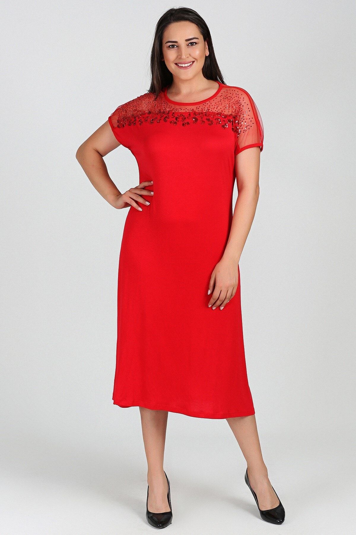Womenice Büyük Beden Kırmızı Göğüs Tül Pullu Elbise