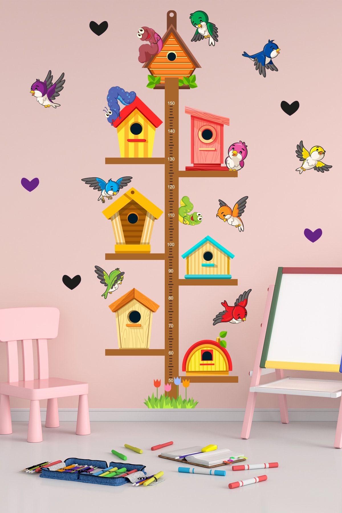 Tilki Dünyası Sevimli Kuş Evleri Boy Cetveli Çocuk Odası Sticker