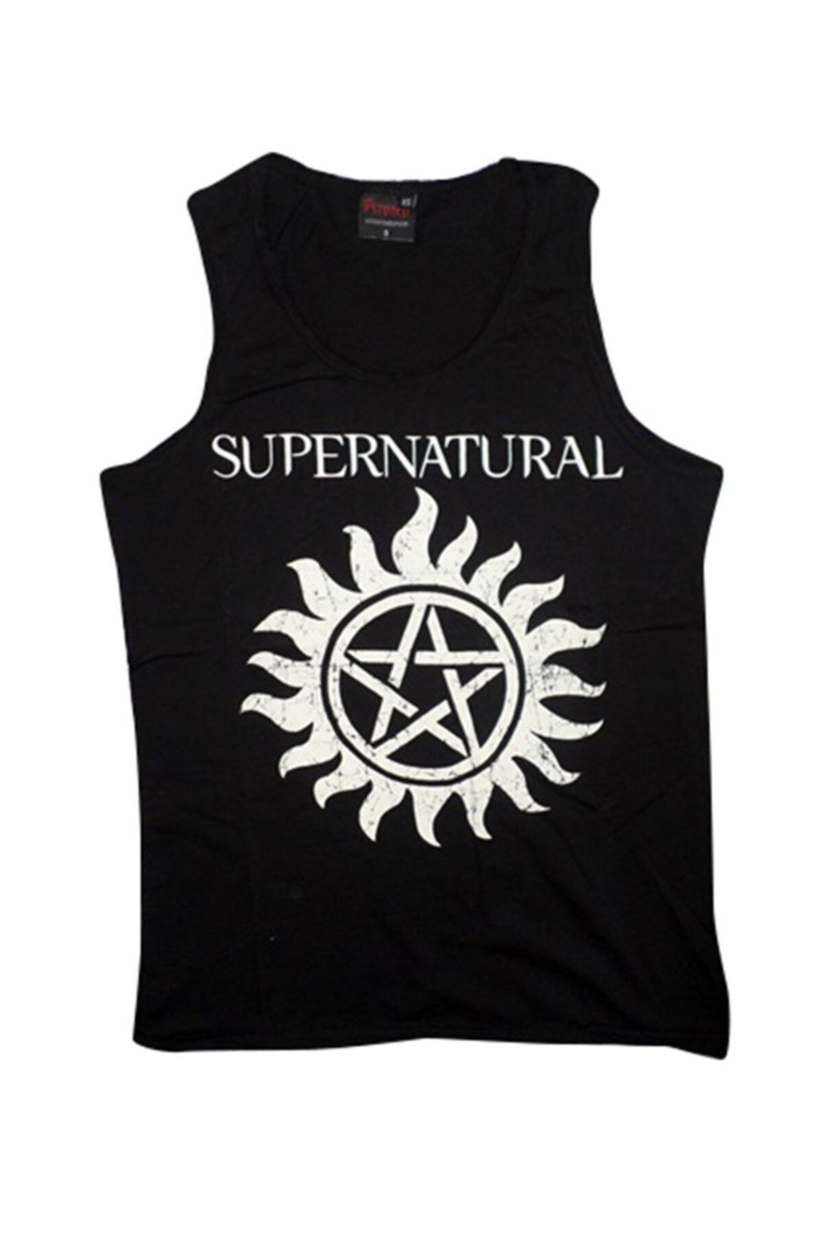 fame-stoned Unisex Siyah Supernatural Baskılı Sıfır Kol T-shirt