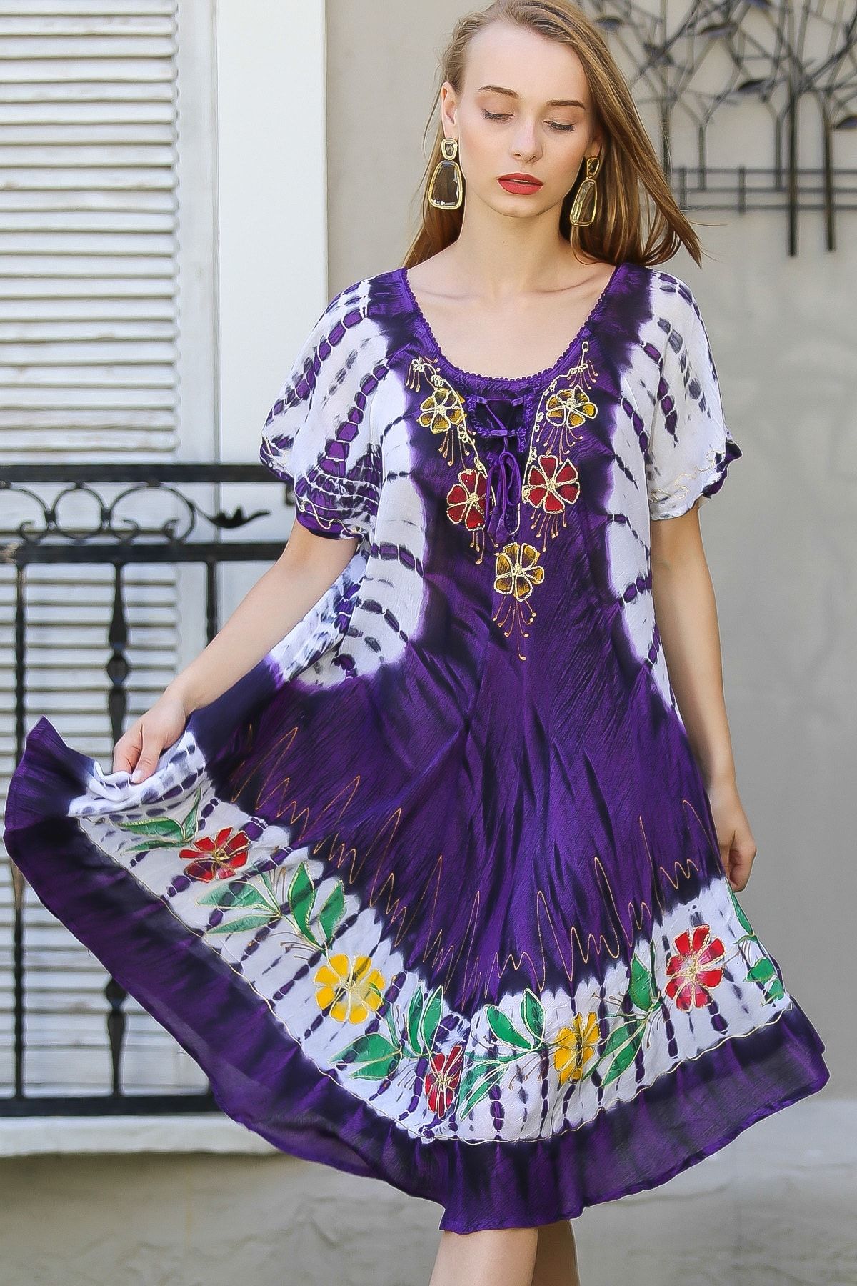 Chiccy Kadın Mor Bohem Batik Desenli Çiçek Nakış Detaylı Elbise M10160000EL96421