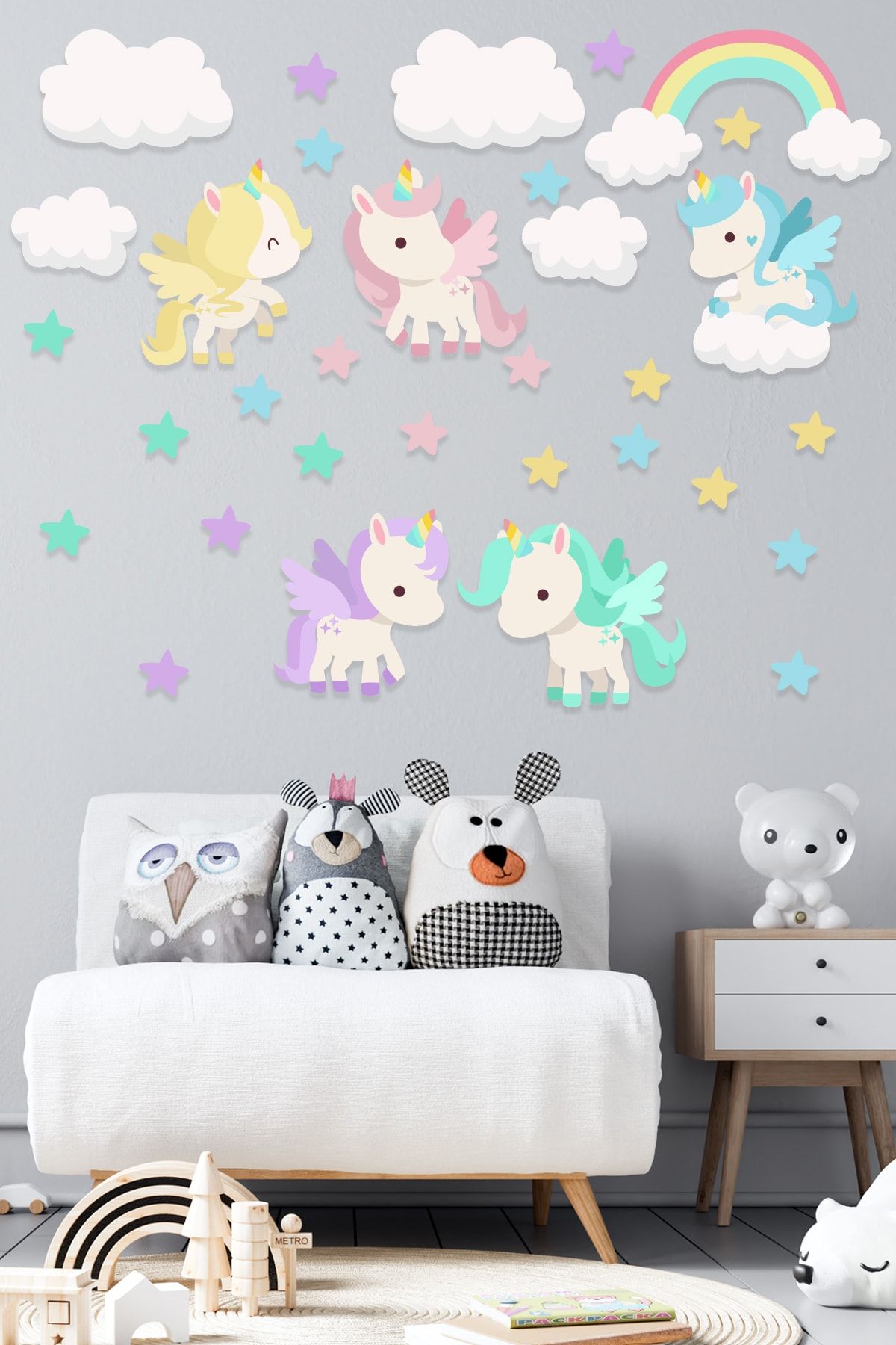 Tilki Dünyası Rengarenk Unicornlar Gökkuşağı Güneş Ve Yıldızlar Çocuk Odası Duvar Sticker