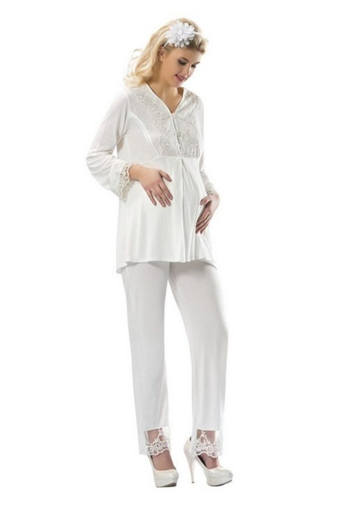 Sistina Kadın Beyaz Penye Hamile Pijama 1301