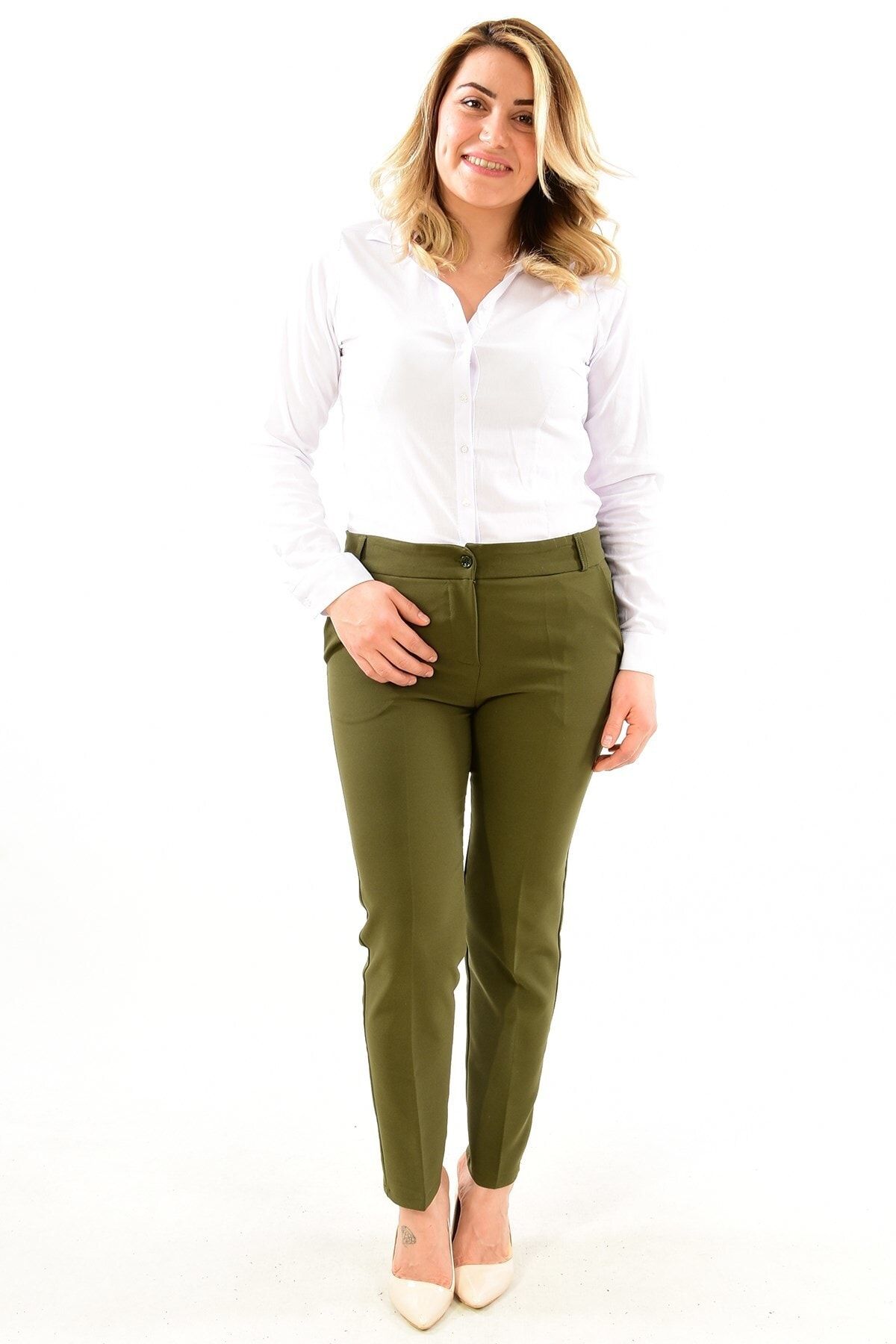 Boutiquen Kadın Haki Dar Paça Bilekte Kumaş Pantolon