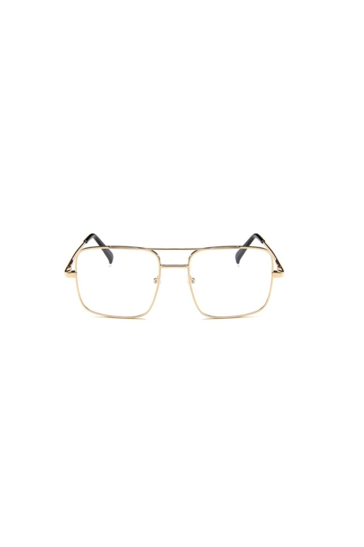Hane14 Mexx Gold Metal Çerçeveli Şeffaf Camlı Kare Köşeli Unisex Gözlük